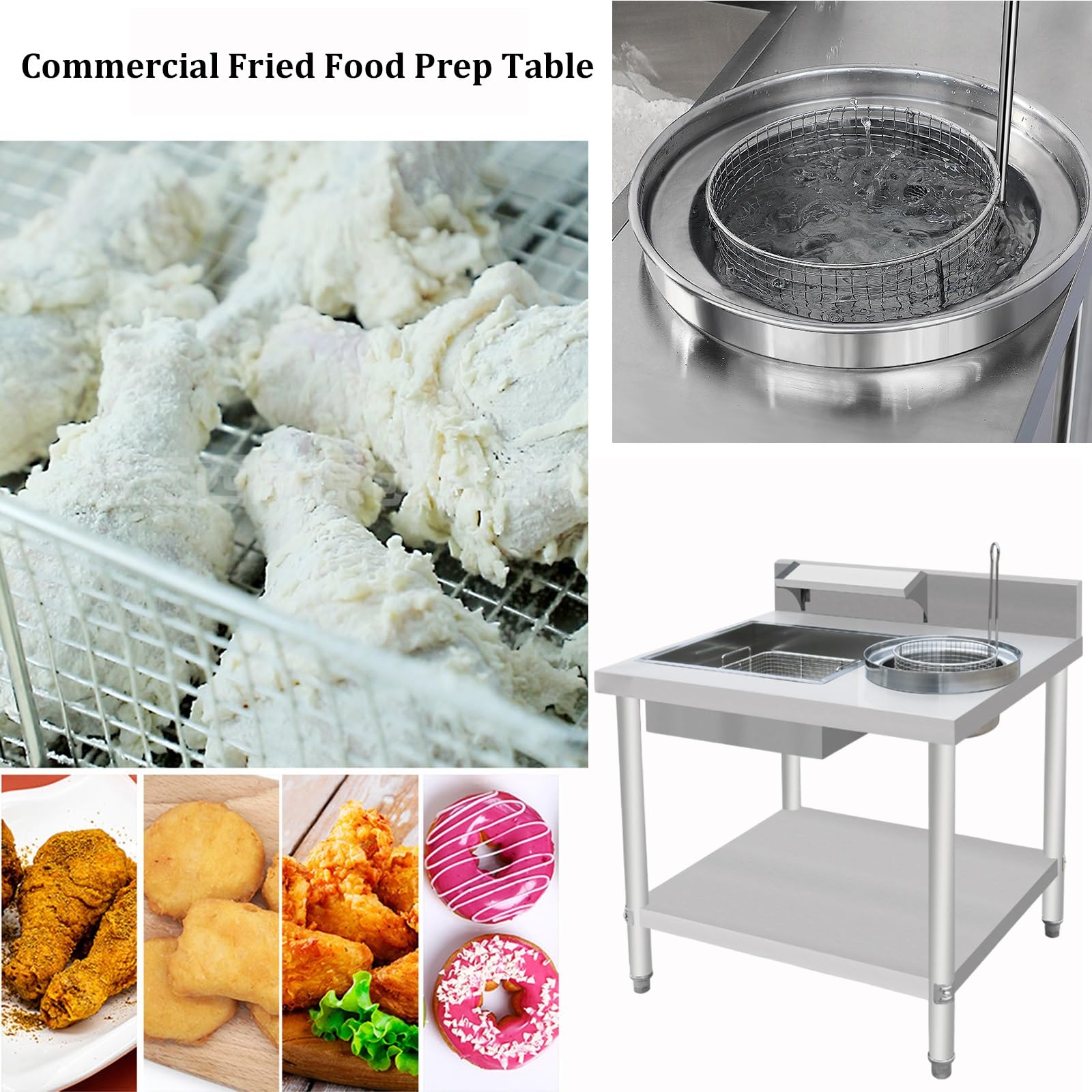 Mesa de preparación de pollo frito, estación de pan comercial de acero inoxidable resistente con cestas y tamiz de harina para restaurante y servicio de alimentos
