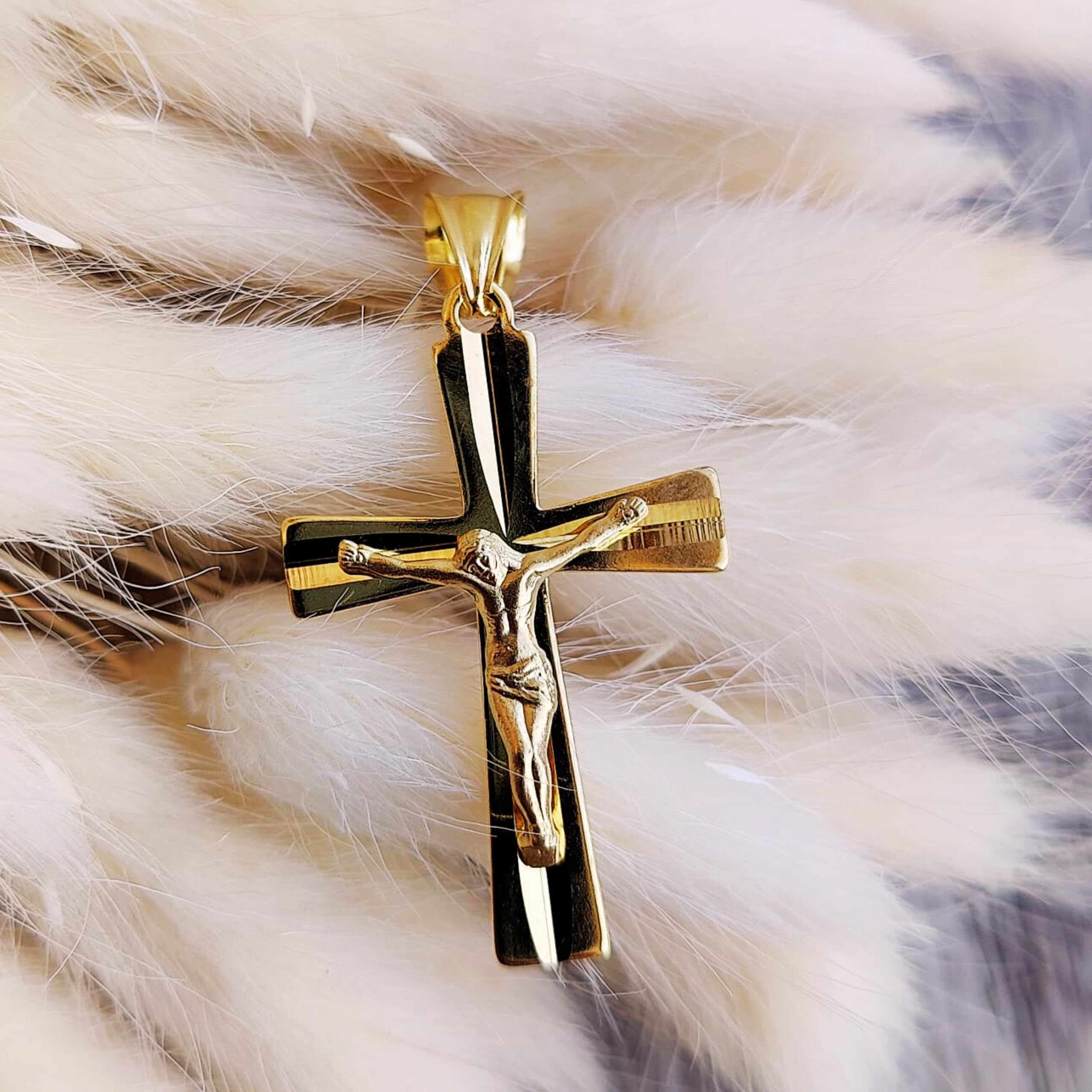 Zelya Collana in argento placcato oro con ciondolo a forma di croce 925 585 – 2 mm, da uomo e da donna, con incisione e confezione regalo