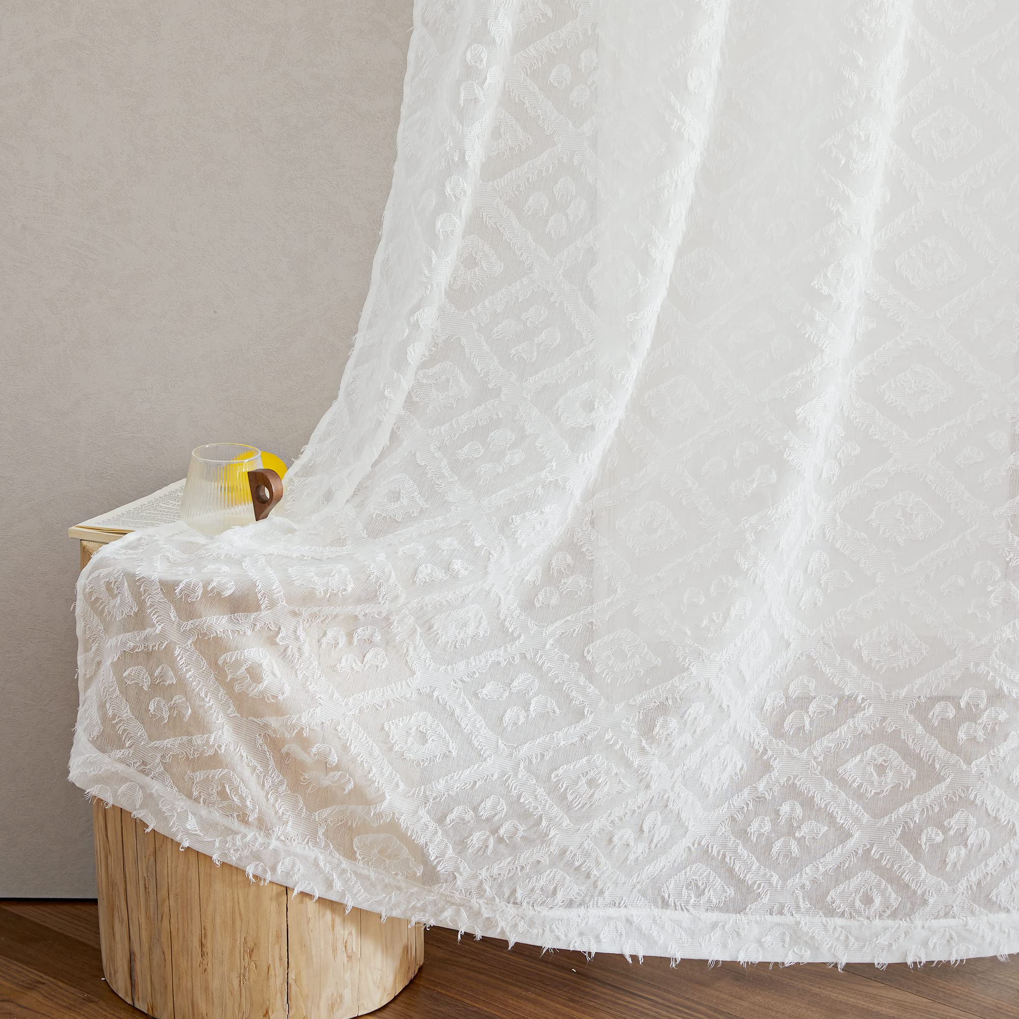 PONY DANCE Luxury Voile Curtain - Soft Vertical Living Room Curtain 2 Panels, Decorative Curtain Drapes, Rhombus Jacquard Geometric Curtain, W 55" x D 84", White