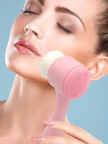 Miniatura 5 de Paquete de 2 cabezales diferentes, cerdas de fibra extra suaves de doble cara y almohadilla de silicona, cepillo de limpieza facial manual para