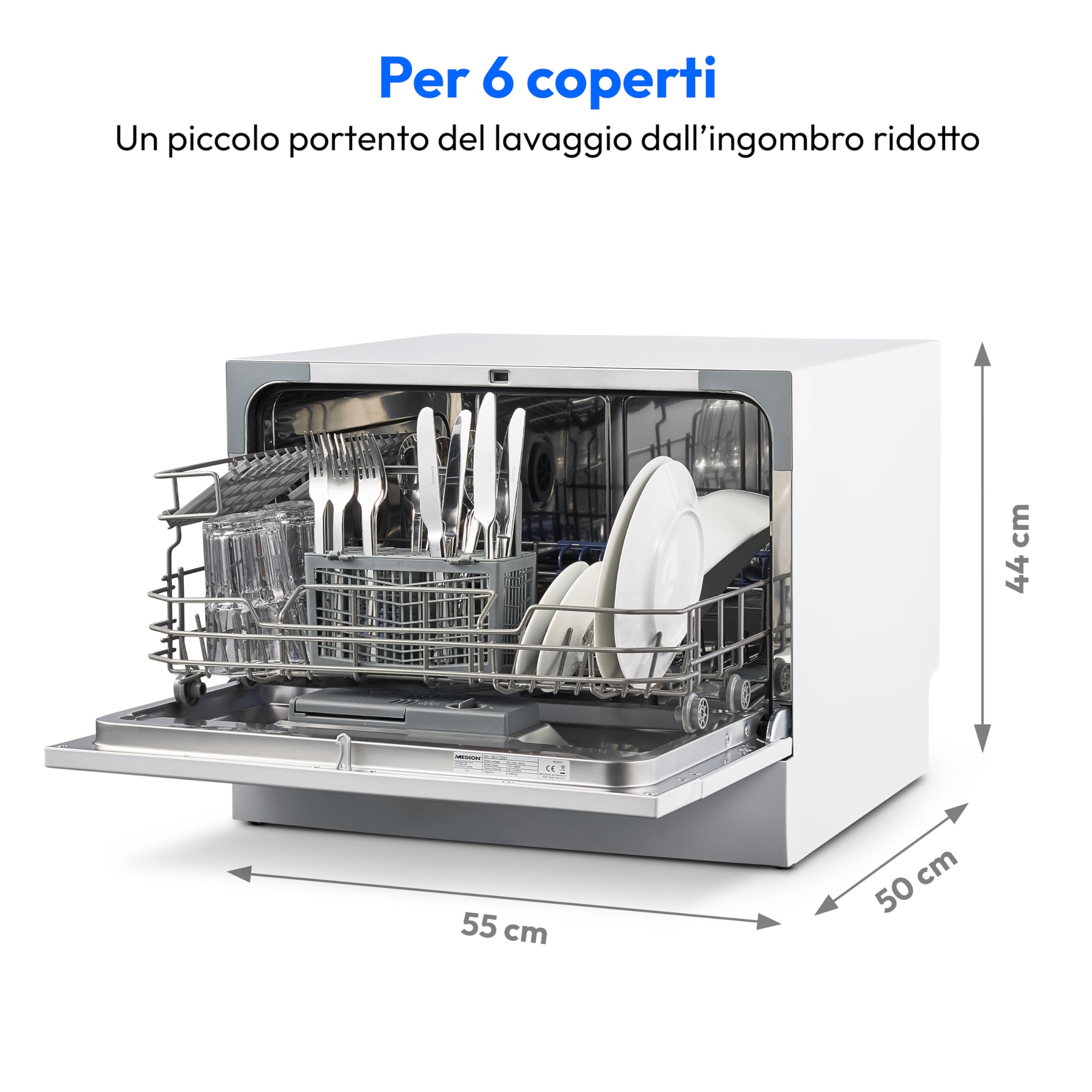 MEDION Lavastoviglie da tavolo DWT60 (capacità 6 coperti, 7 programmi, programma ECO, consumo circa 6,5 litri, AquaStop, display LED, blocco bambini, MD37496) argento