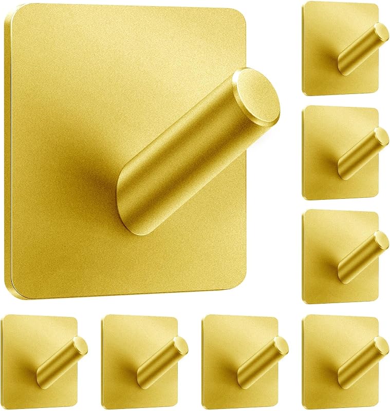 xdgeLoad Ganchos adhesivos resistentes, ganchos para toallas de baño, paquete de 8, ganchos adhesivos de pared para baños/abrigos/batas/cocina, ganchos autoadhesivos sin perforación, acero inoxidable mate dorado