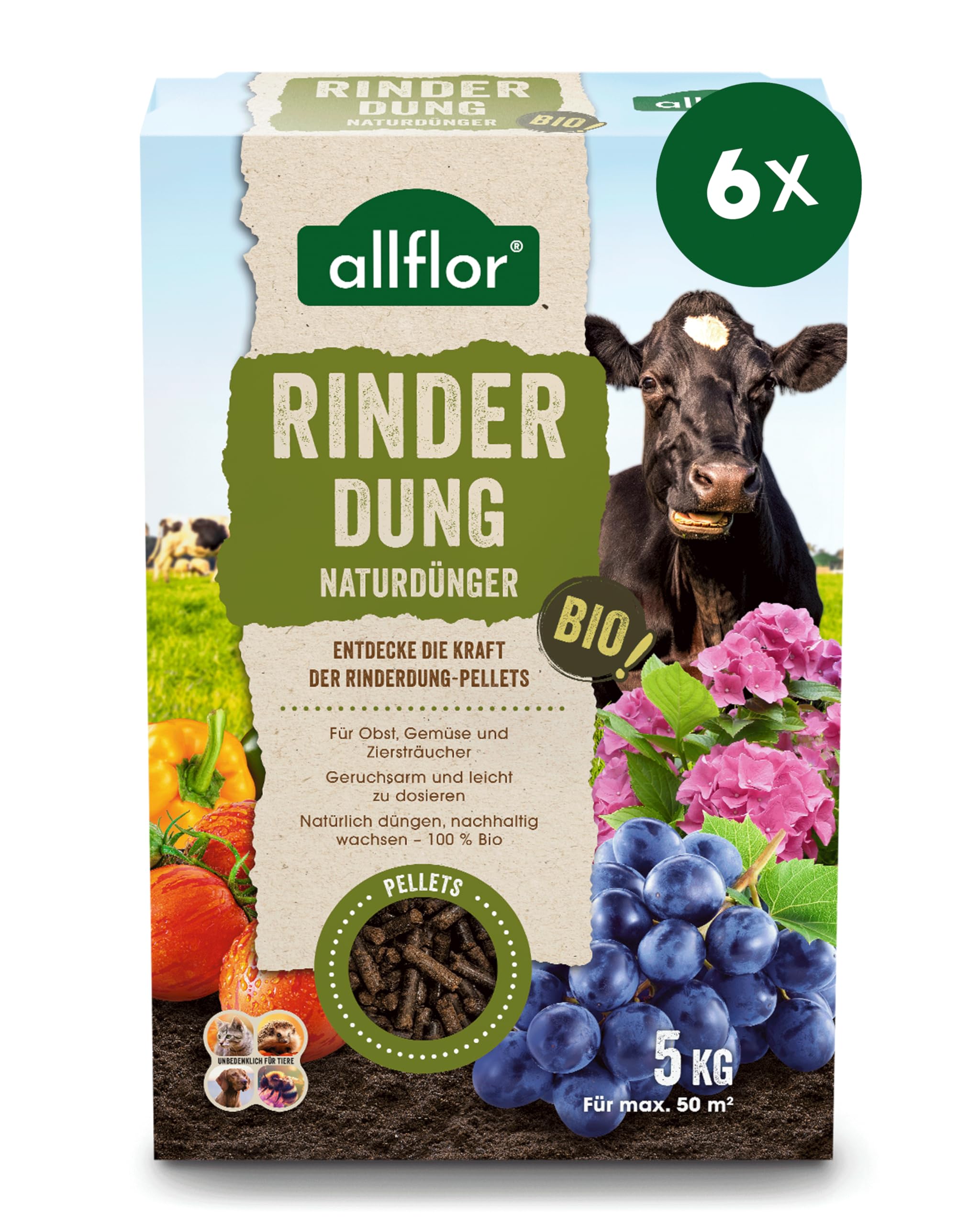 Allflor Rinderdung gekörnt - 6 x 5 Kg - Rinderdungpellets in der Faltschachtel - Wirtschaftsdünger von Rindern - Biologischer Gartendünger - Rindermist - Fördert die Humusbildung