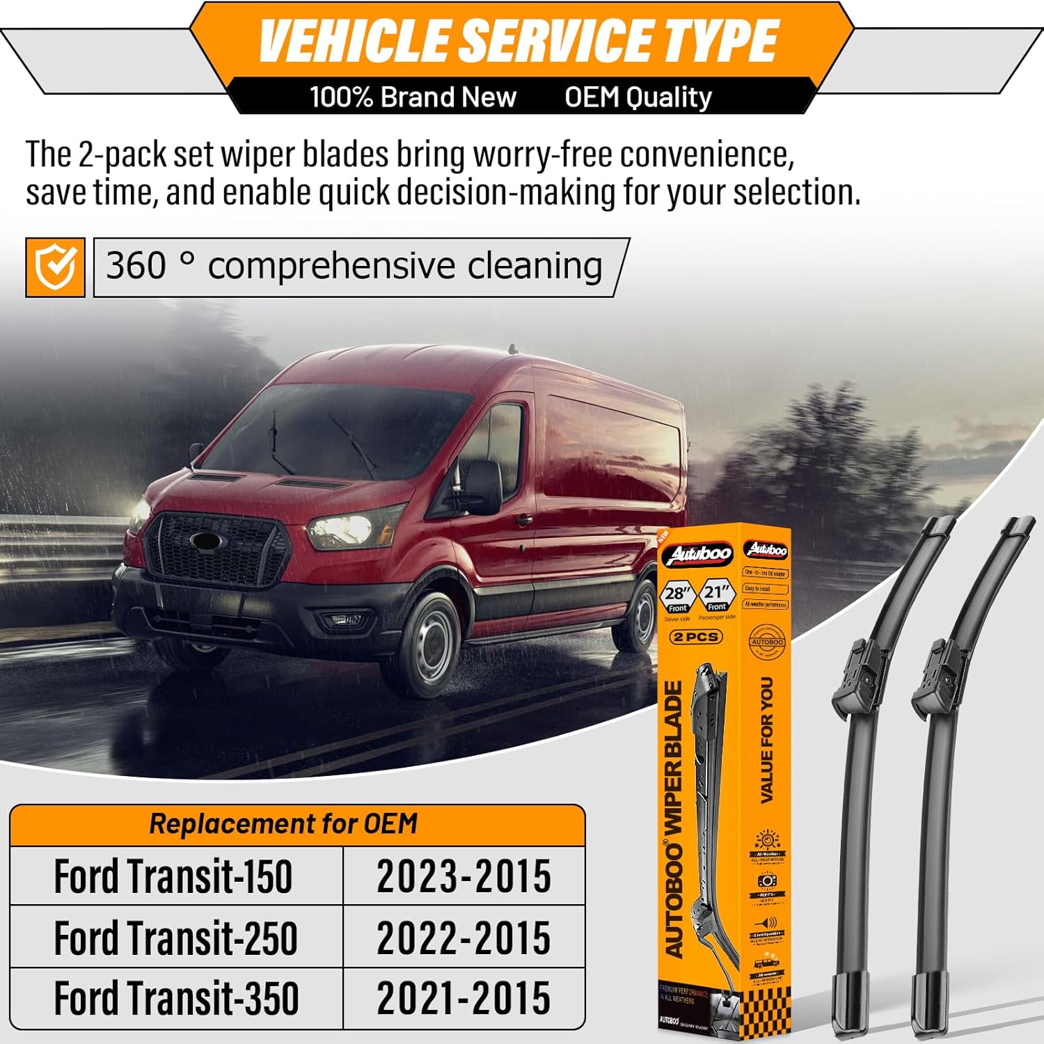 AUTOBOO 28"+21" Windshield Wipers Replacement for Ford Transit-150 Transit-250 Transit-350 2023 2022 2021 2020 2019 2018 2017 2016 2015 -Original Factory Quality (Pack of 2)