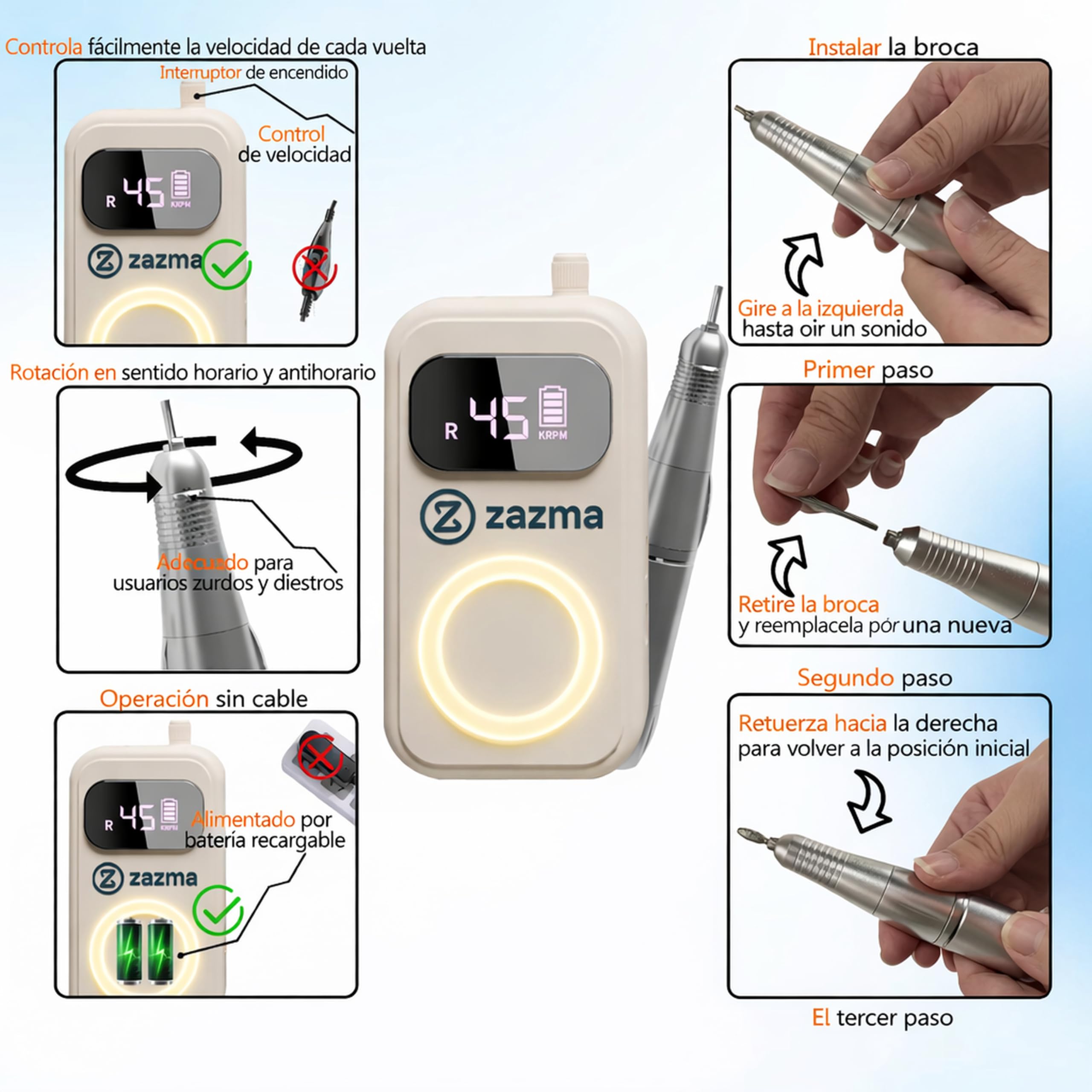 Torno de Uñas Recargable USB-C con Pantalla Digital, 7 Brocas y Bandas