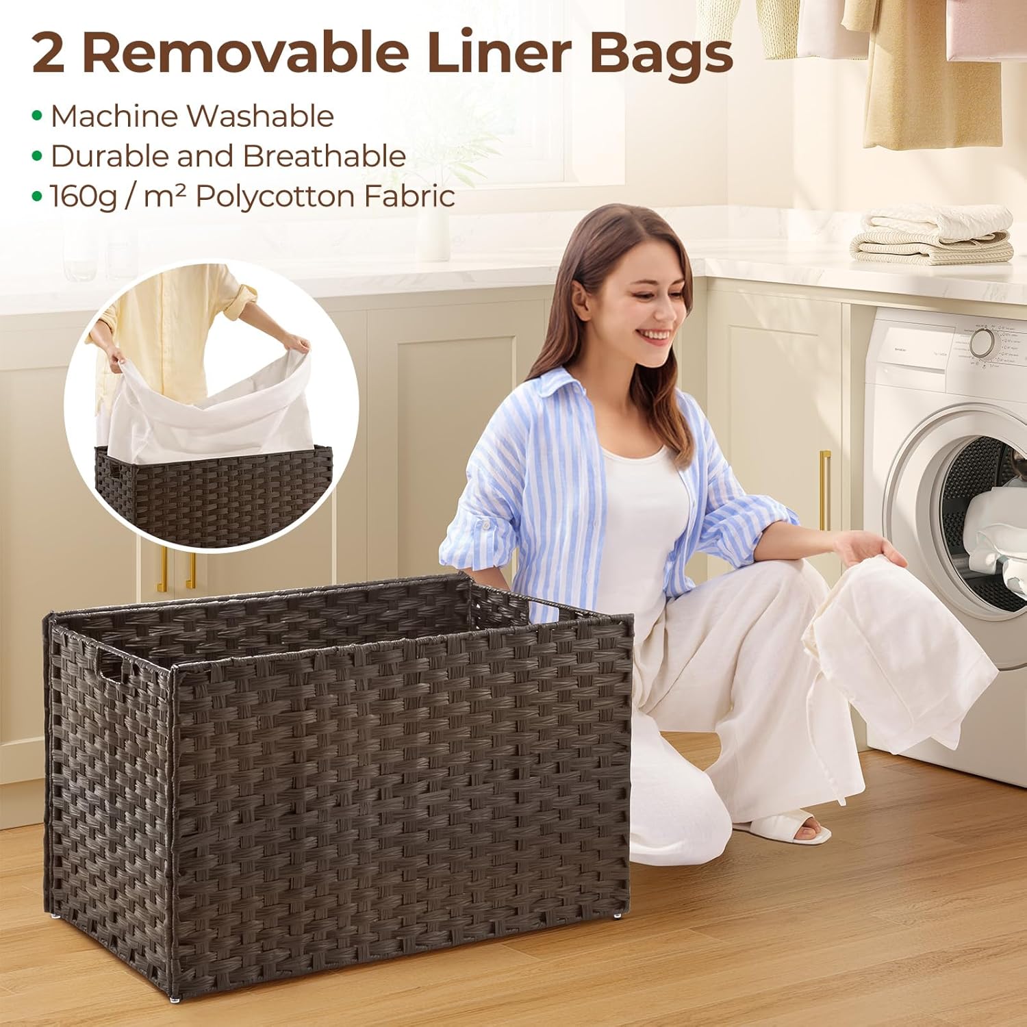 GREENSTELL Storage Basket with Lid, 42.3 Gallon(160L) Lagre Wicker Blanket Storage Basket with Handles, Foldable, 2 Removable Liner Bags, Metal Frame, for Bedroom, Laundry Room, Brown, 30"*18.1"*18.1"