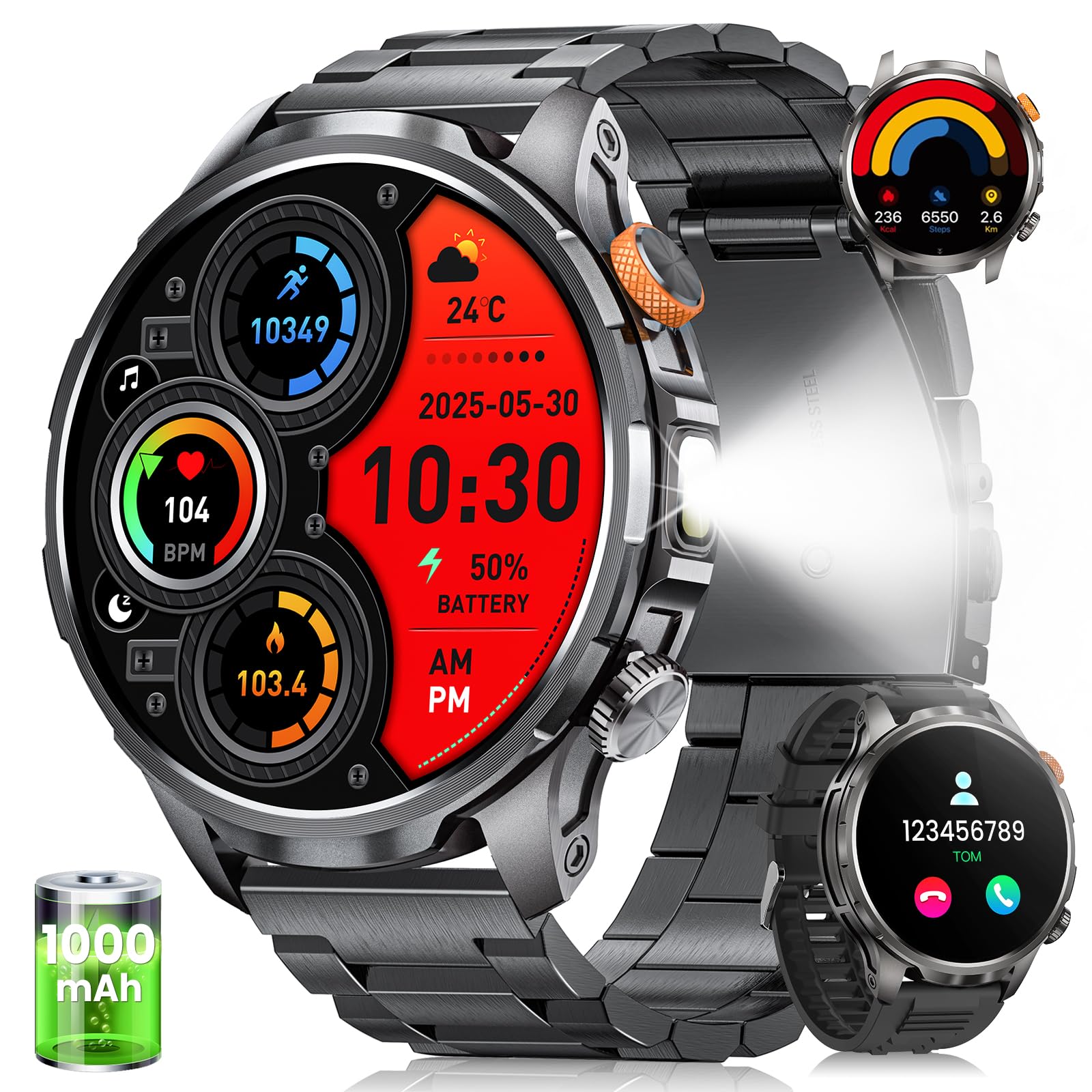 Reloj Inteligente Hombre Militar con 1000mAH/LED Linterna, 1.91”AMOLED Smartwatch Hombre con Llamadas, 5 ATM Impermeable/110+ Modos Deportivos/SpO2/Pulsómetro/Sueño, Pulsera Actividad para Android iOS