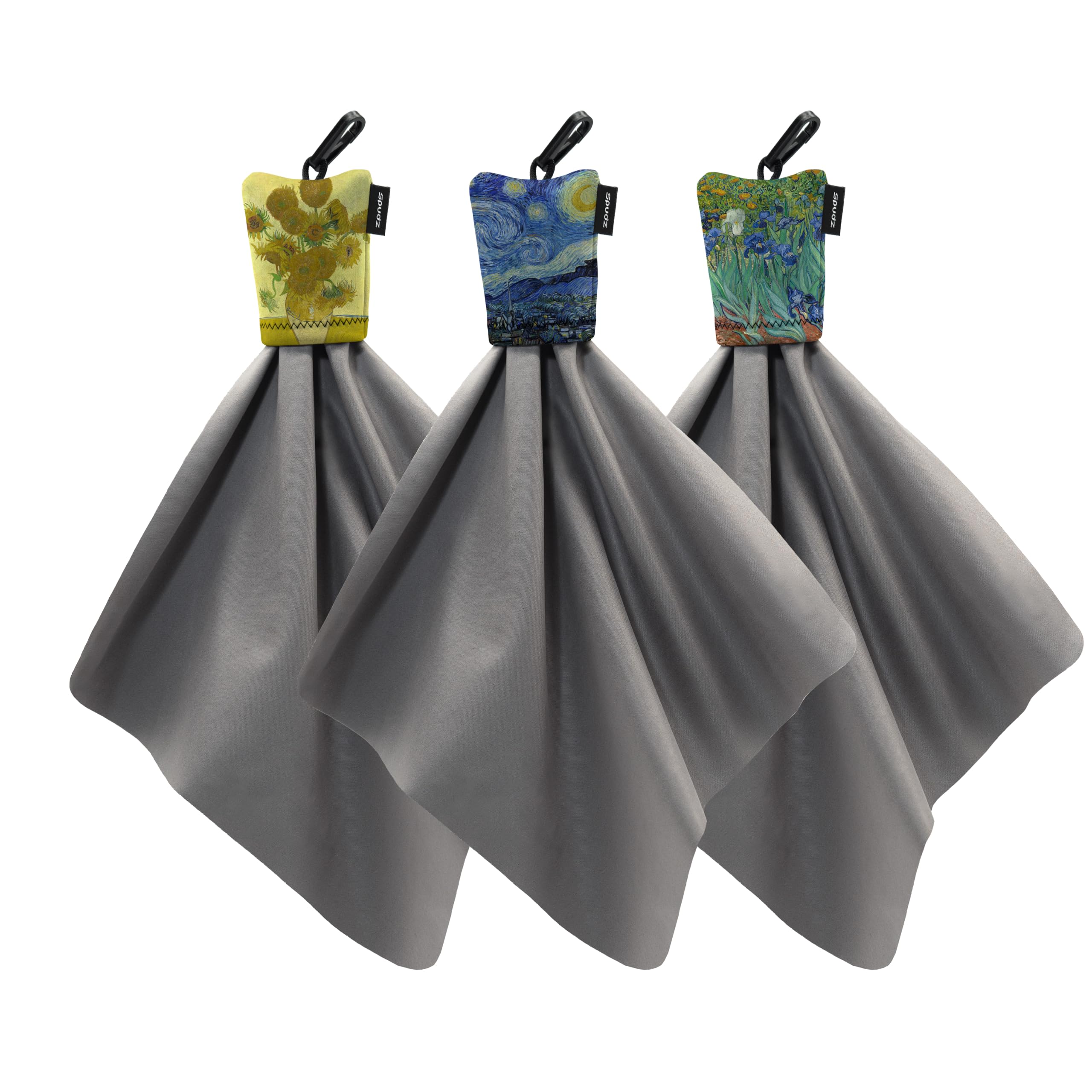 SPUDZ Paquete variado clásico | Cinco toallas de microfibra de 10 x 10 pulgadas con bolsas de neopreno | Paños de limpieza de microfibra premium para portátiles, lentes, cámaras, pantallas y más | Van