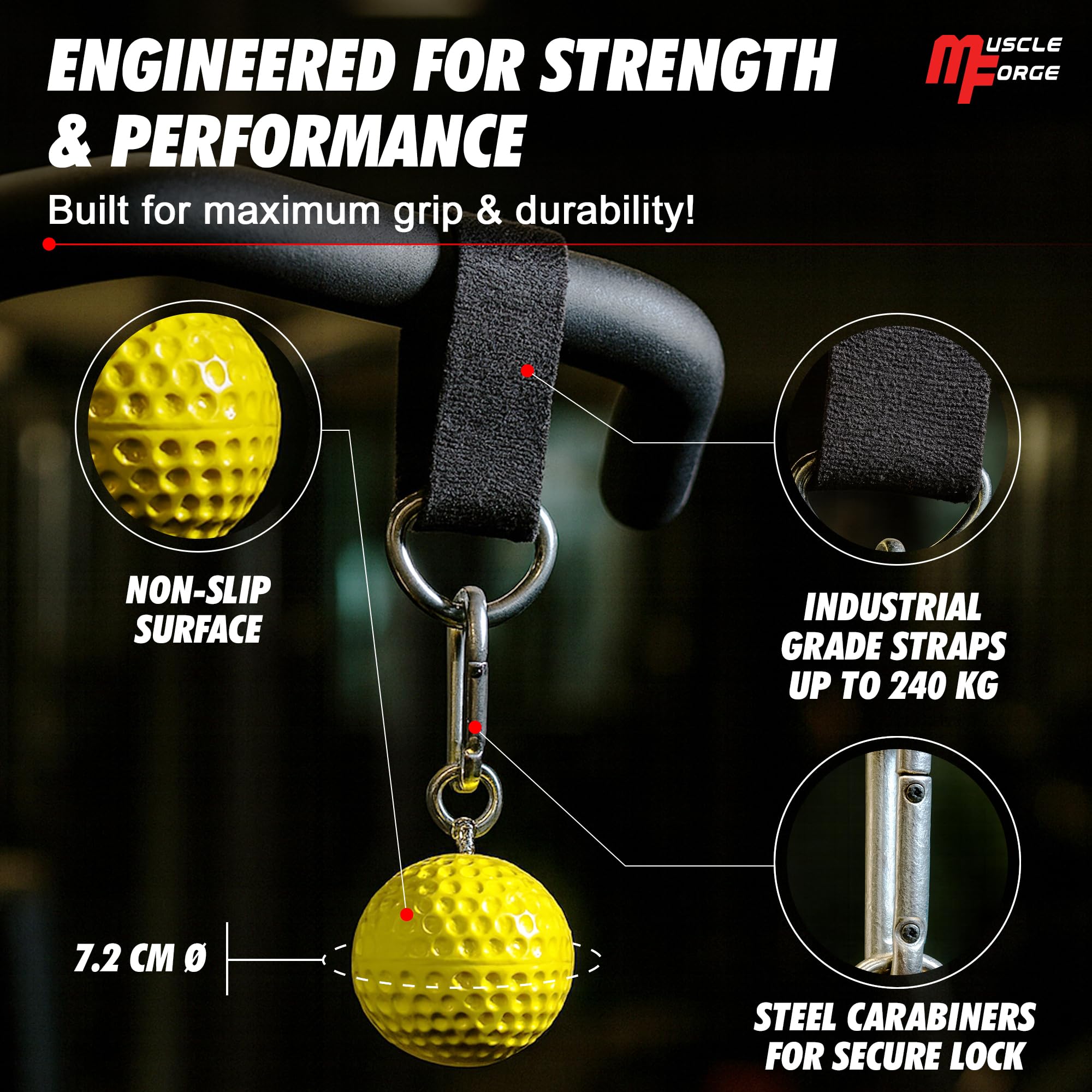 Palline Presa Allenamento - Grip Ball Antiscivolo per Trazioni, Arrampicata, Calisthenics - Rafforza Avambraccio, Resistenza - 2 Sfere con Moschettoni, Cinghie - Carico 240 kg