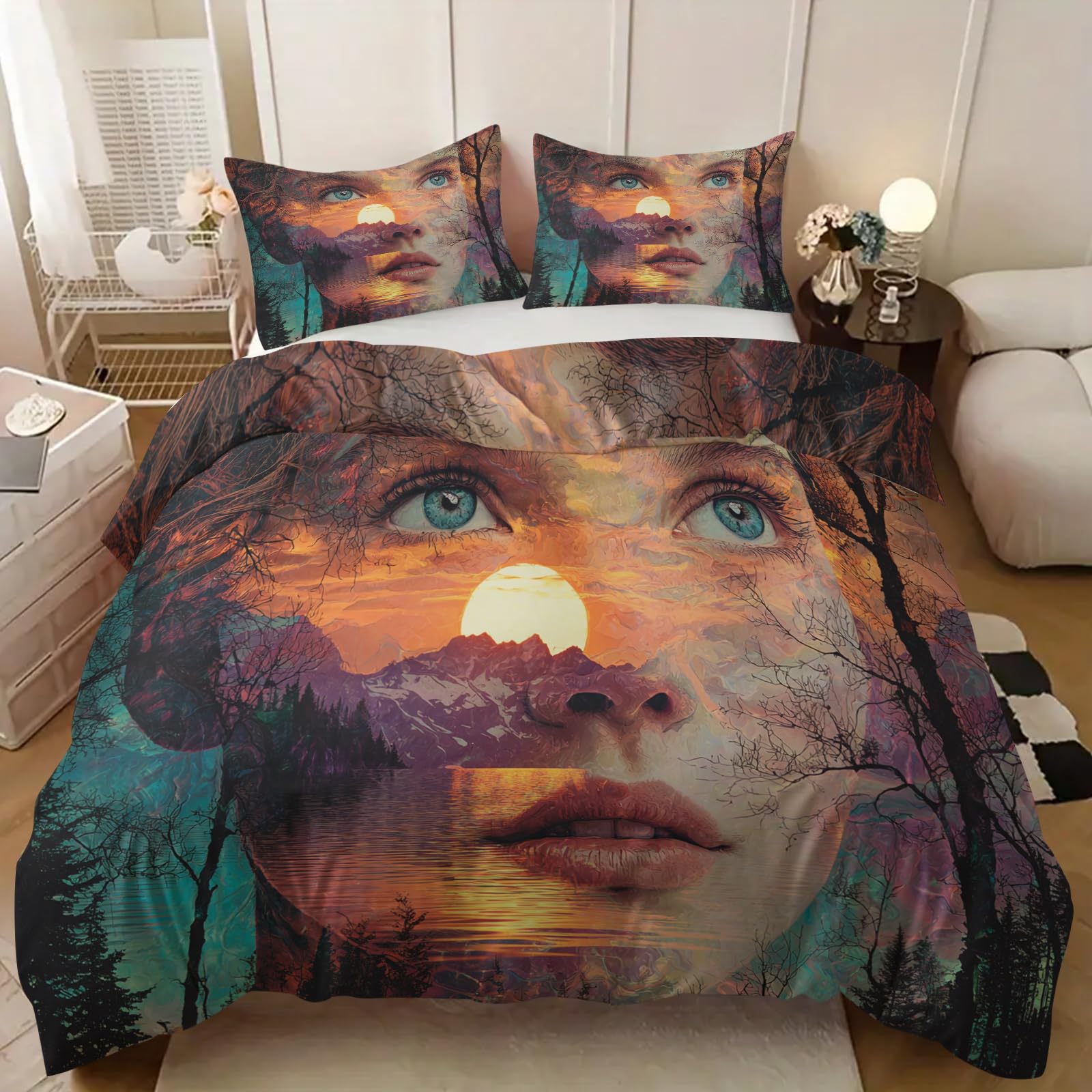 Premium XXL Bettwäsche 240x220 Übergröße, Malerei Kunstwerk Musterung Bettbezug inklusive 2X Kissenbezüge 80x80, Double-Face Optik Mikrofaserstoff, Kuschelig Bettgarnitur für Pärchen, Wohndekoration