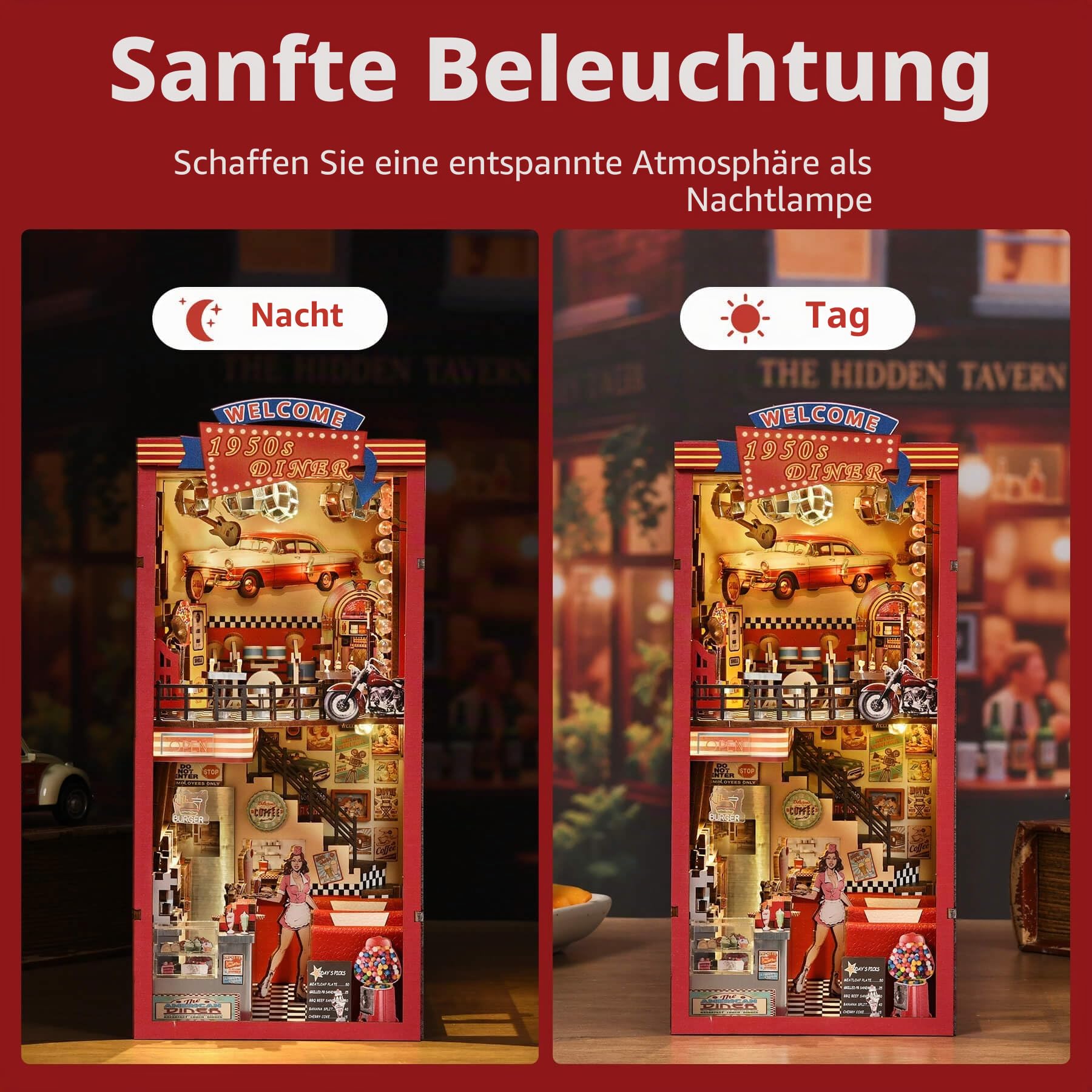 fifijoy Book Nook Kit - DIY Miniaturhaus Puppenhaus Kit für Erwachsene und Jugendliche, Booknook Retro Diner Bücherregal Dekor 3D Holzpuzzle mit LED-Licht, Geschenke für Familie und Freunde (1950er