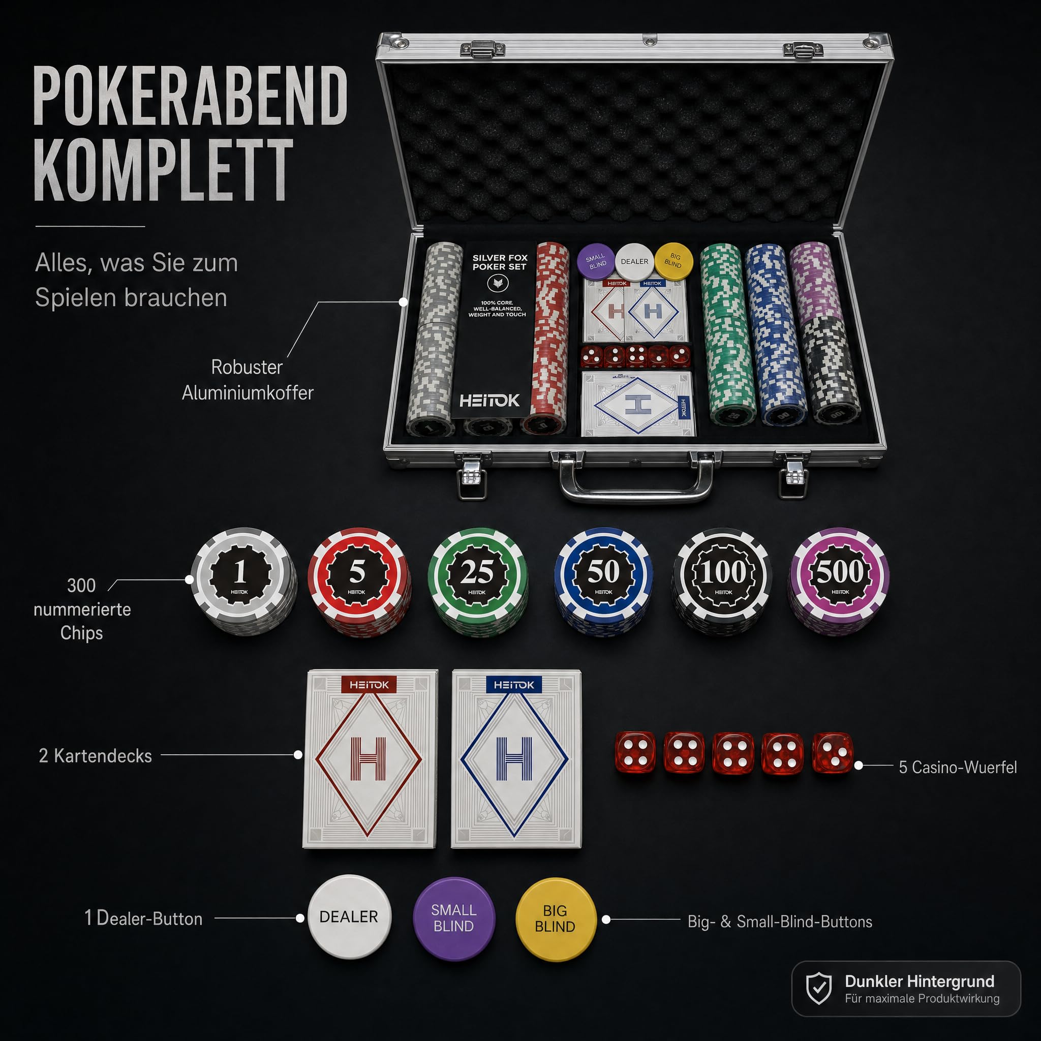 HEITOK Mallette de Poker Professionnelle 300 Jetons Numérotés 11,5g avec Insert Métal – Set Complet Texas Hold'em, 2 Jeux de Cartes, Dés, Boutons Dealer – Valise Aluminium pour Soirées Casino Adultes
