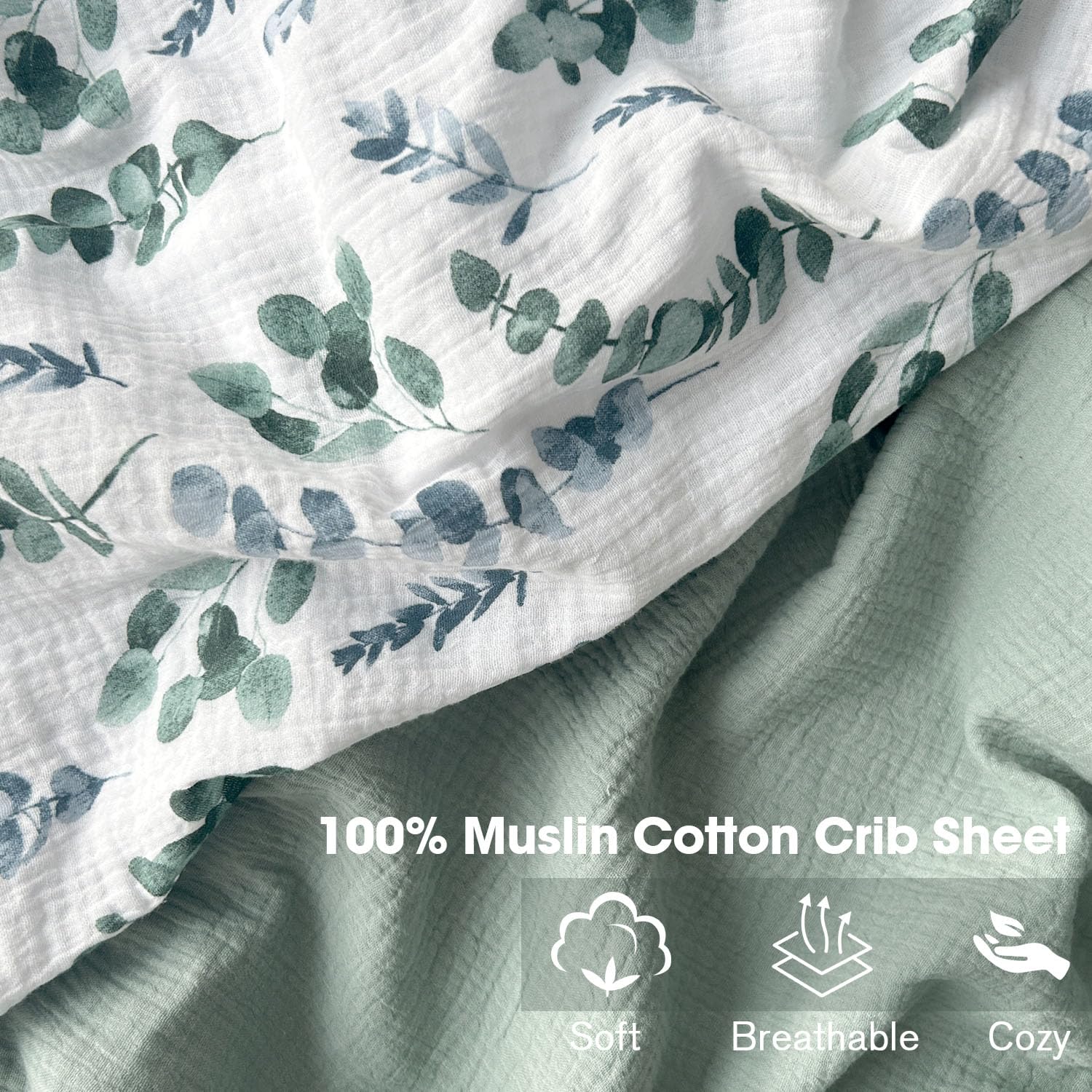 Sábanas de muselina para cuna, paquete de 2 sábanas bajeras neutras para colchón estándar de cuna y colchón de cama infantil, 28 x 52 pulgadas, hojas verdes