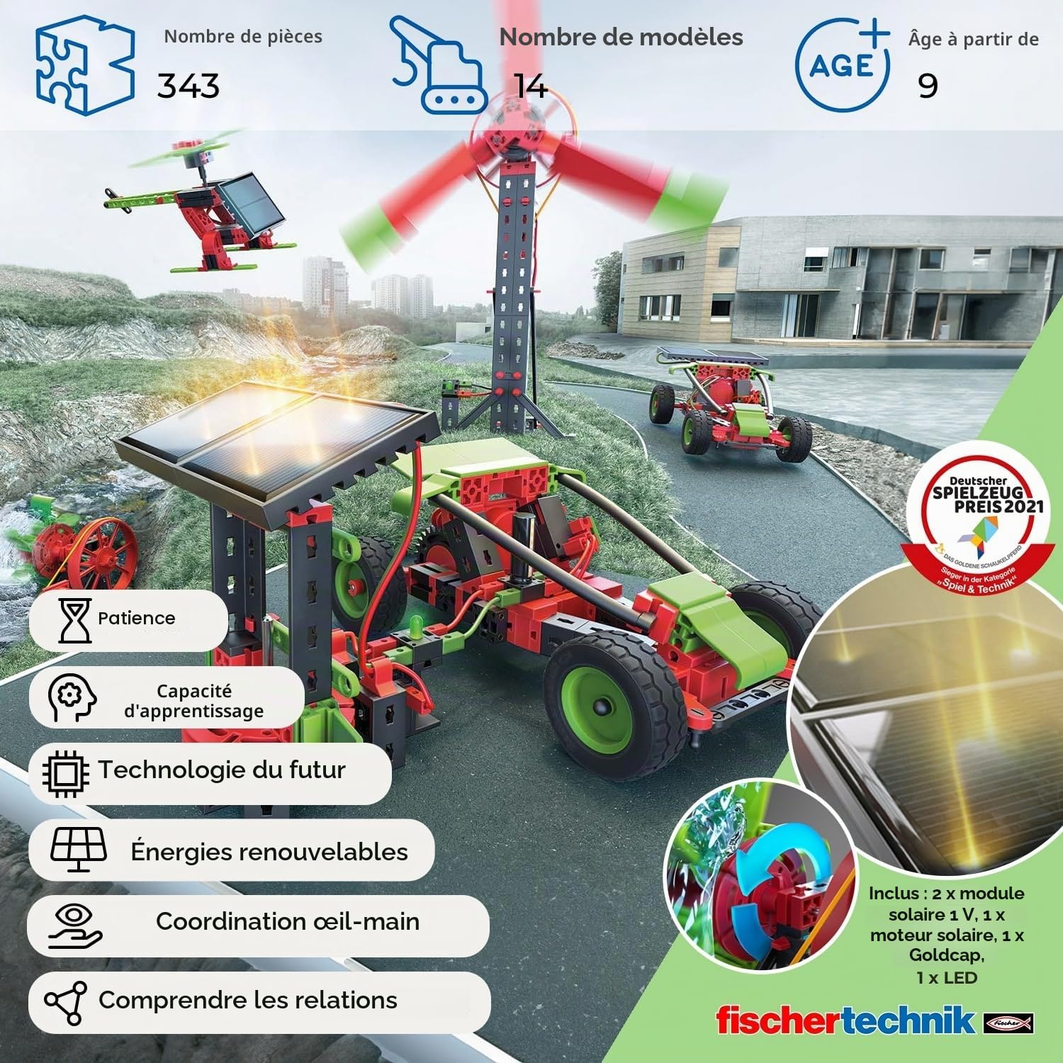 fischertechnik Green Energy kit de Construction dès 9 Ans, 14 modèles | Kit scientifique pour enfants 559879, jouet éducatif sur les énergies renouvelables: solaire, éolienne et hydraulique