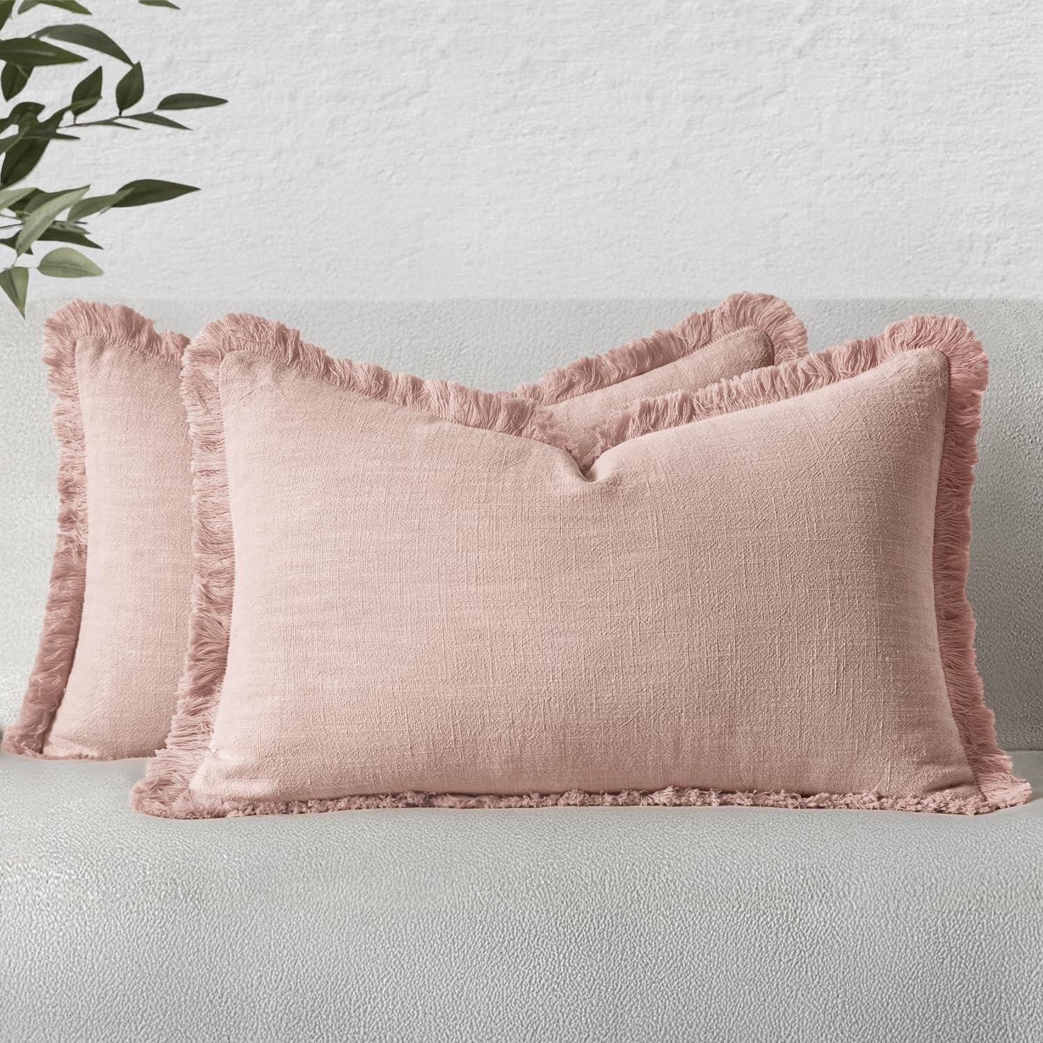 MIULEE Linen Fringe Decorative Lumbar Throw Pillow Covers Light Pink 12x20