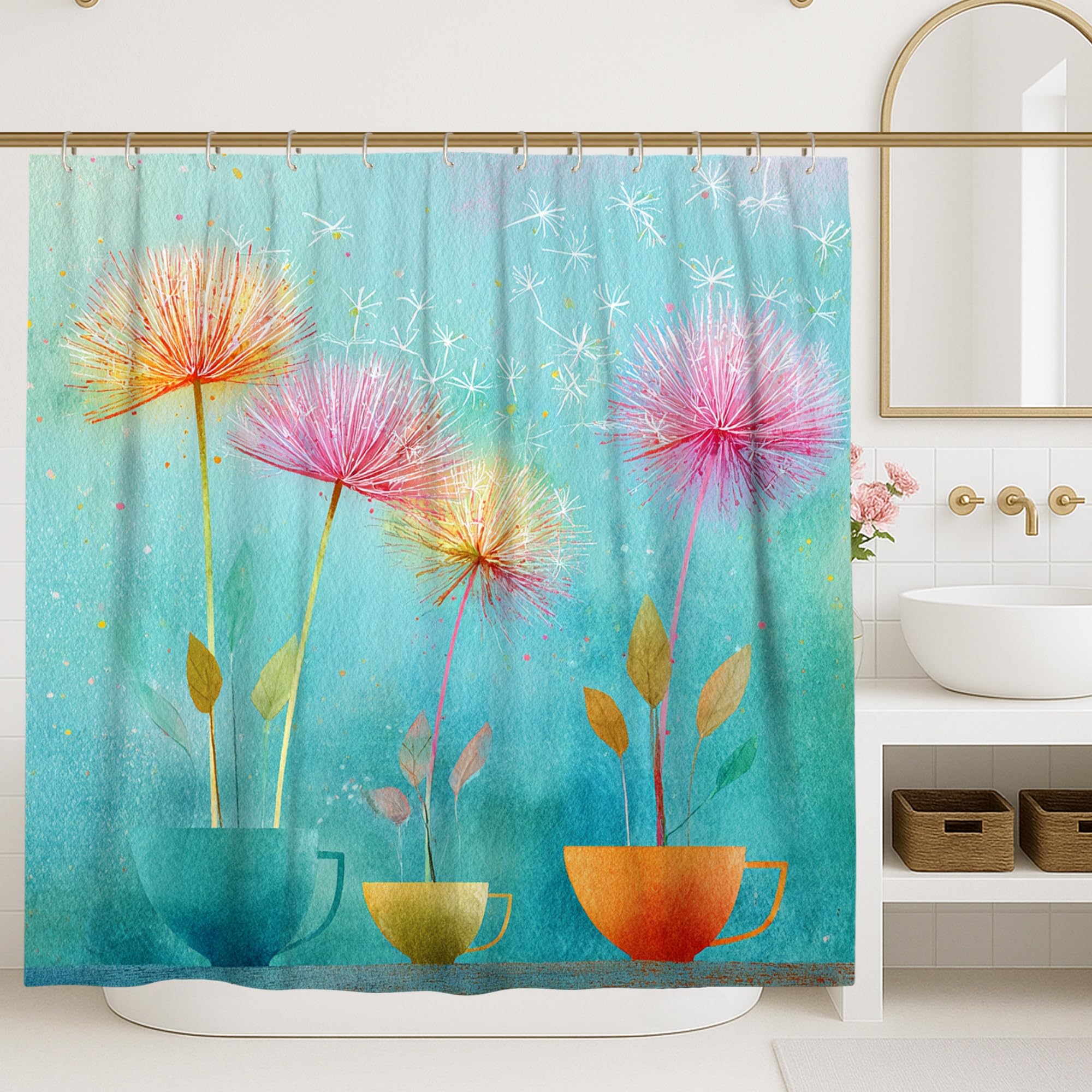 Rideau de douche pissenlit moderne pour une décoration florale de salle de bain