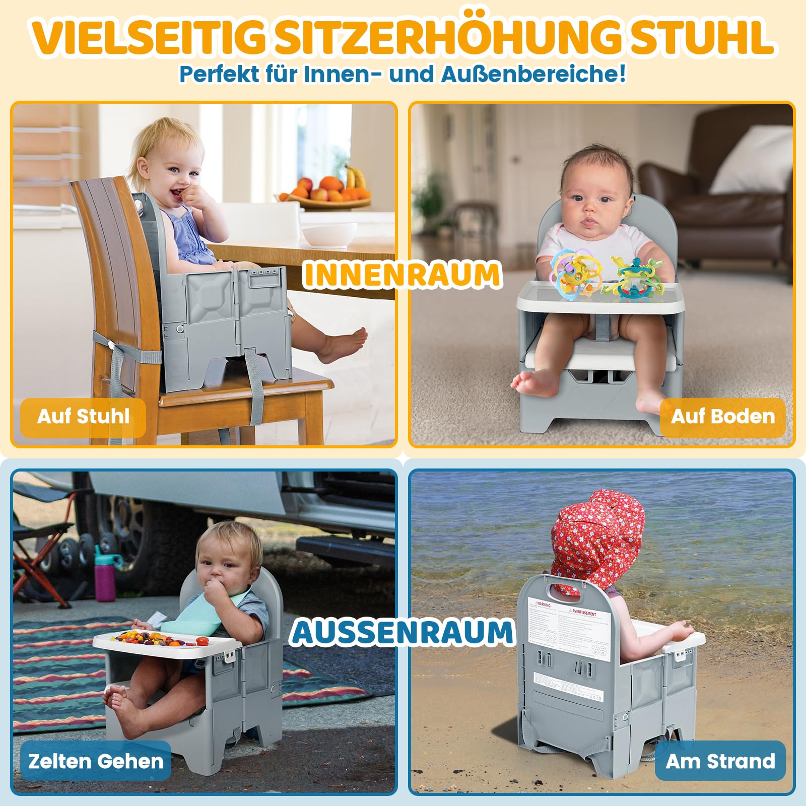 Orzbow Faltbare Sitzerhöhung Stuhl Kind,Stabile Reisehochstuhl Baby mit Abnehmbarem Tablett,ABS Material und Stabile Struktur,Tragbare Kind Campingstuhl für Kinder von 6 Monaten bis 3 Jahren 15kg,Grau