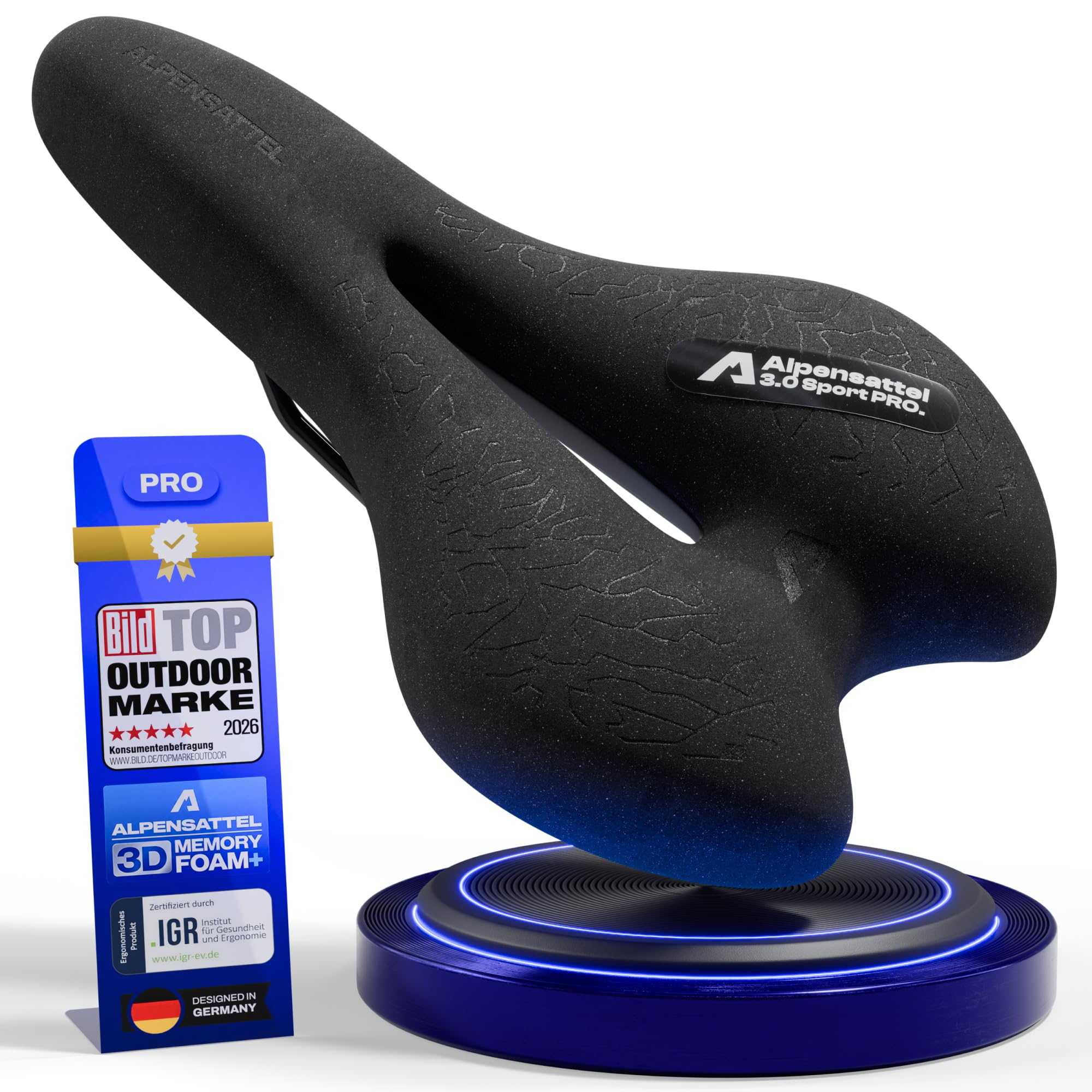 ALPENSATTEL® Sillín de bicicleta ergonómico [espuma viscoelástica 3D] – Sillín para hombre y mujer – Material transpirable para una distribución ideal de la presión – Soporte universal para cada rueda