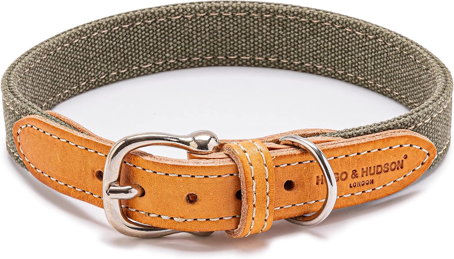 HUGO & HUDSON Collar de perro italiano acolchado de piel suave, hebilla de metal fuerte y collares ajustables y cómodos para mascotas para perros pequeños, mezclilla verde y bronceado, 35