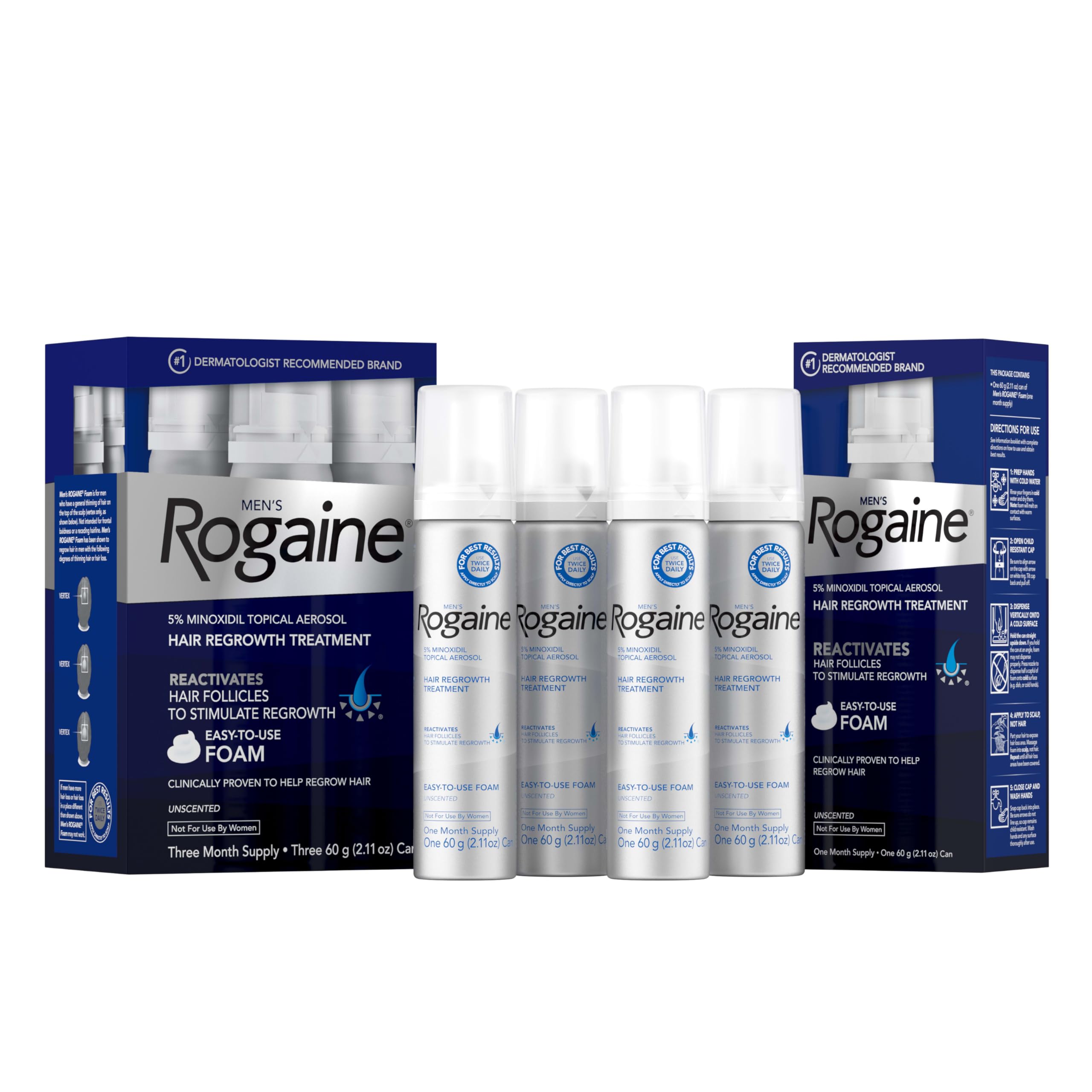 RogaineMen’s 5% Minoxidil Foam Hair Regrowth Treatment, FDA Approved Brand, Proven to Improve Hair Regrowth, Extra Strength Minoxidil Foam, Unscented Aerosol, 4 Month Supply (4 x 2.11 oz Cans)