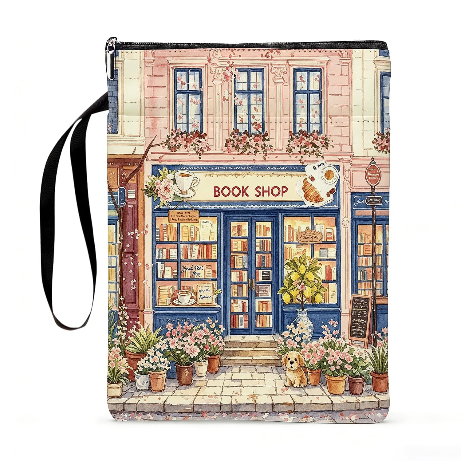 Pink Book Shop Book Sleeve Protect, Waterproof Book Cover with Zipper & Front Pocket, Double-Sided Book Pouch for Travel Homework Textbook & Notebook