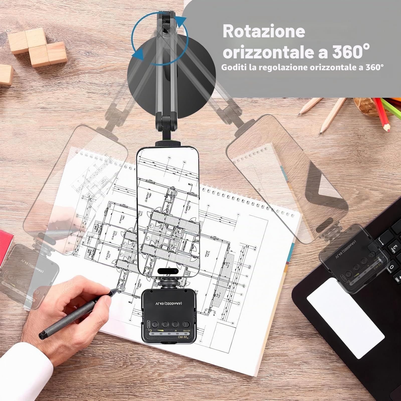 Supporto Telefono Regolabile 360°, Supporto Cellulare da Tavolo Compatibile iPhone/Samsung/Huawei per Riprese Zenitali, Live e Video Professionali