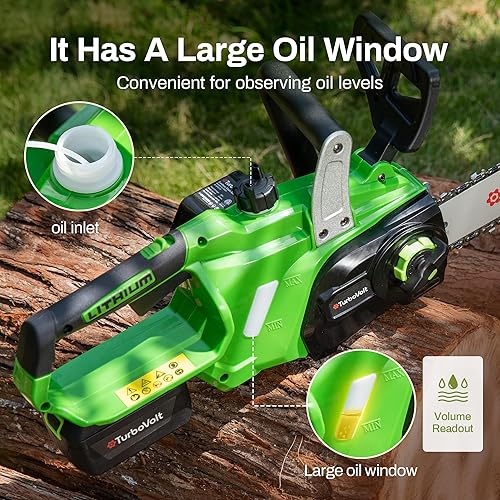 Miniatura 5 de Motosierra inalámbrica de 12 pulgadas, motosierra eléctrica a batería de 20 V con motor sin escobillas, batería de 4 Ah y cargador, engrasador