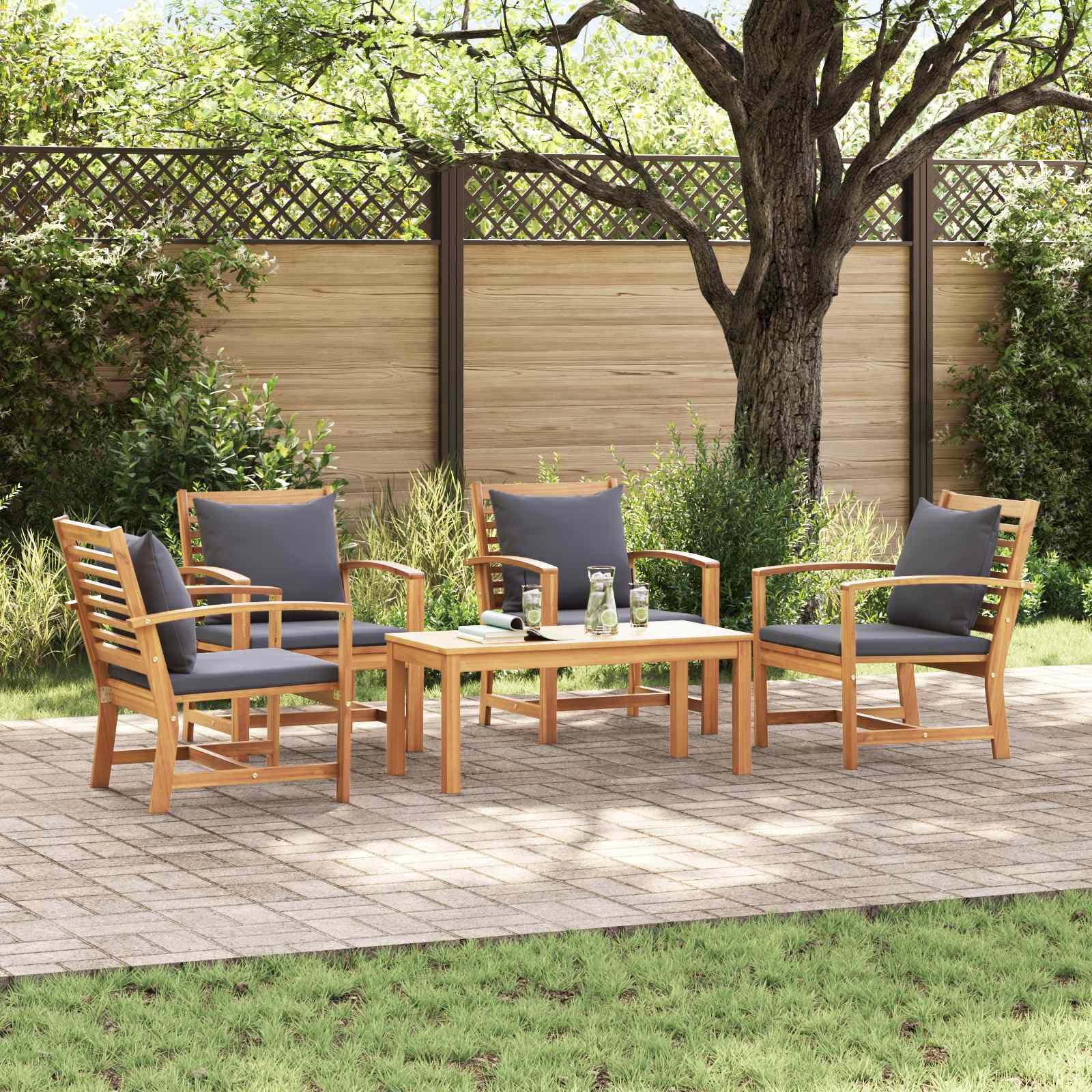Ensemble de canapé de jardin 5 pièces en teck massif de couleur marron uni avec coussins amovibles pour terrasse - Salon de jardin moderne en teck