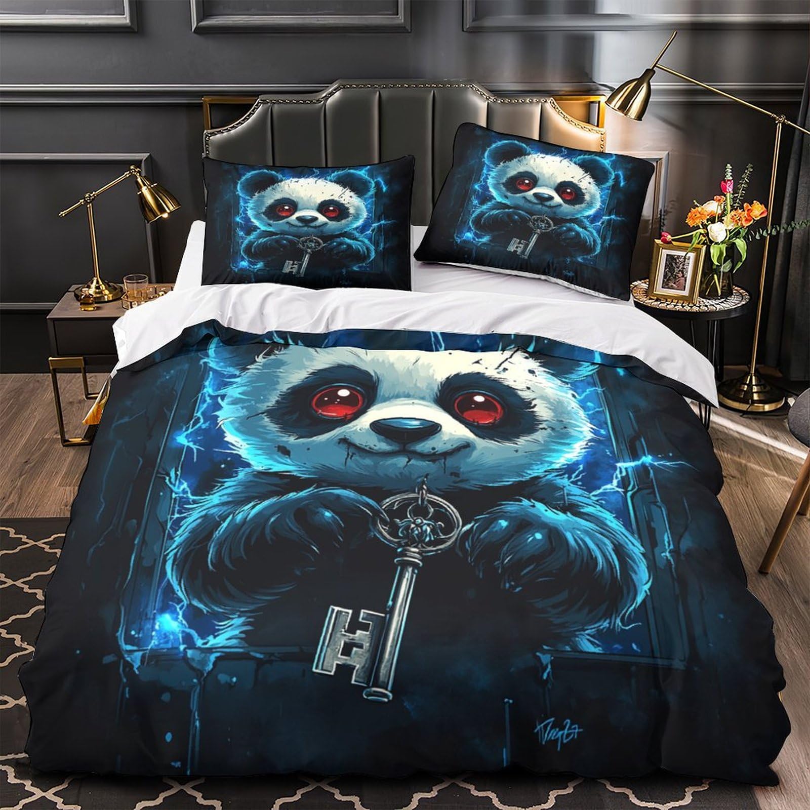 Housse de couette Panda rouge 260x220 cm avec 2 taies d'oreiller en microfibre pour lit Super King