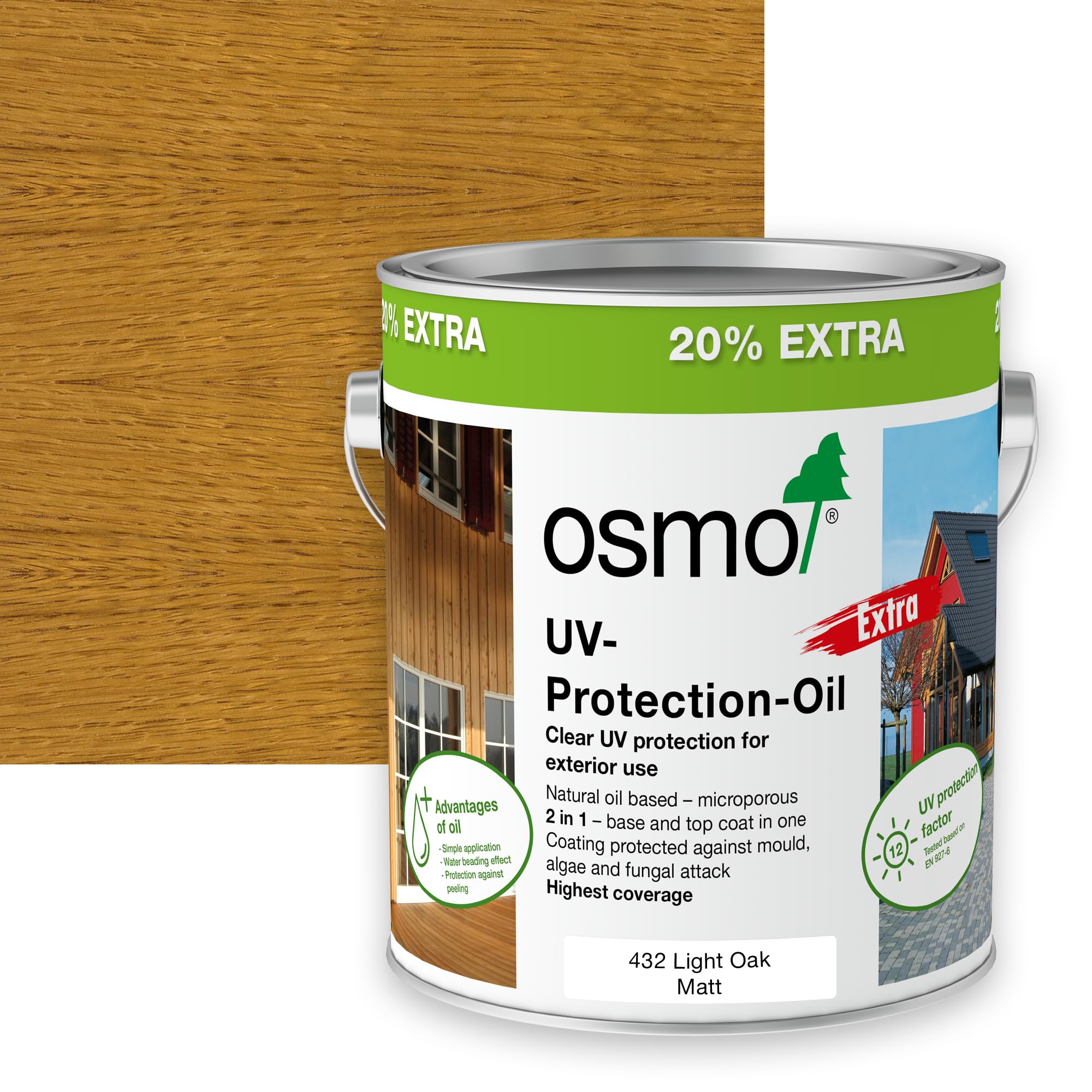 Osmo 432 Light Oak Uv Protection Oil Extra, Exterior Wood Finish, Tinted, 3L (Matt, )