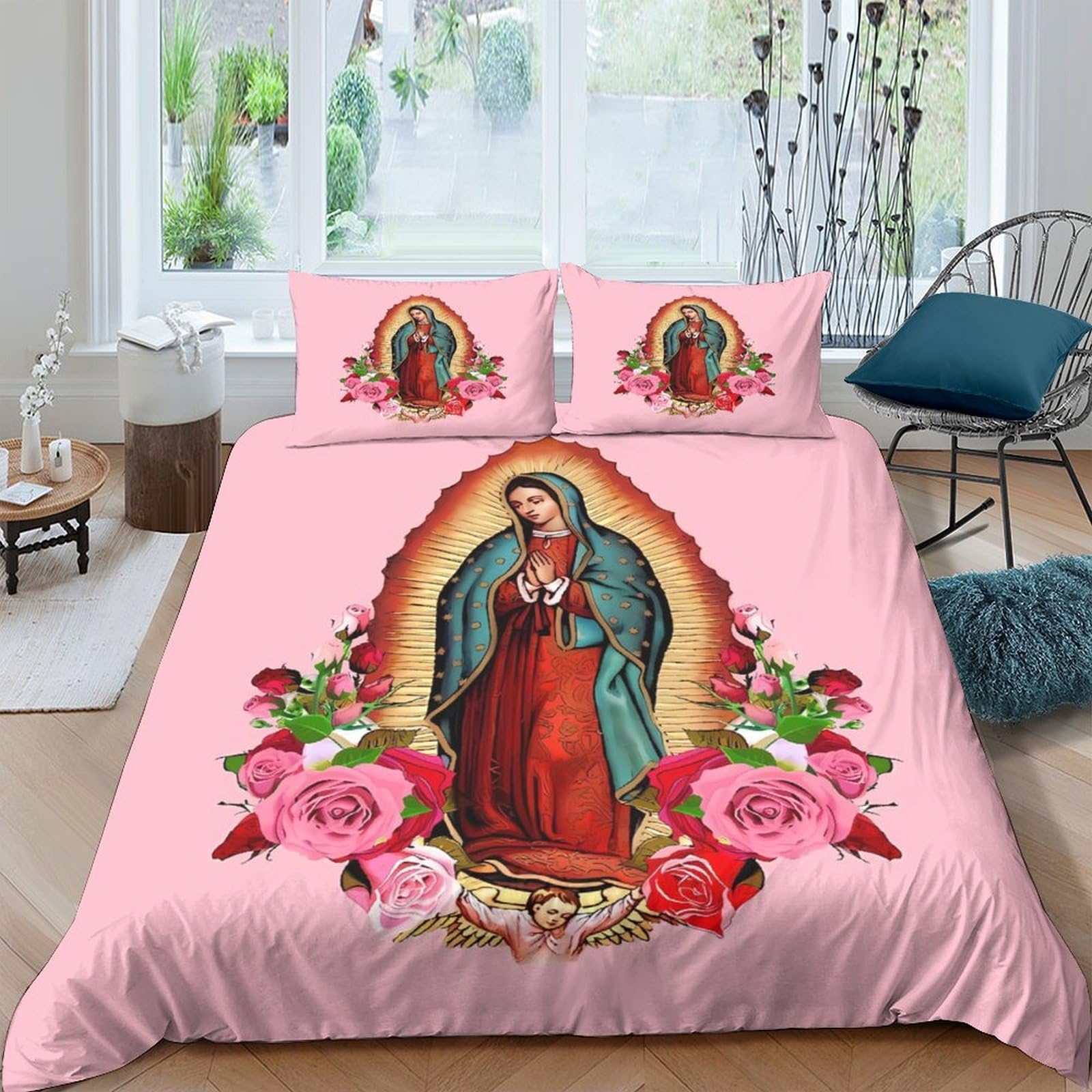 Ctjqhvkz Style-4 3D Printed Virgin Mary Fitted Sheet Microfiber Pink Floral Mattress Cover For Bedroom Guest Room Decor Protection Single（135X200cm）