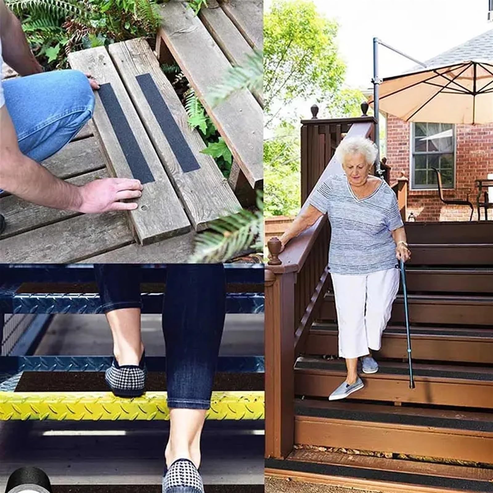 Tira antideslizante para peldaños de escalera con cinta adhesiva para interiores y exteriores para decoración y seguridad, borde de escalera negro