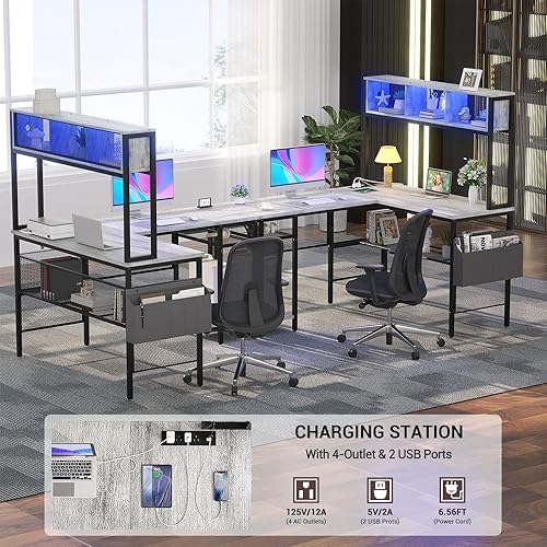 Miniatura 6 de Aheaplus Escritorio para juegos en forma de L con luces LED y tomas de corriente, escritorio para computadora en forma de L de 55 pulgadas con