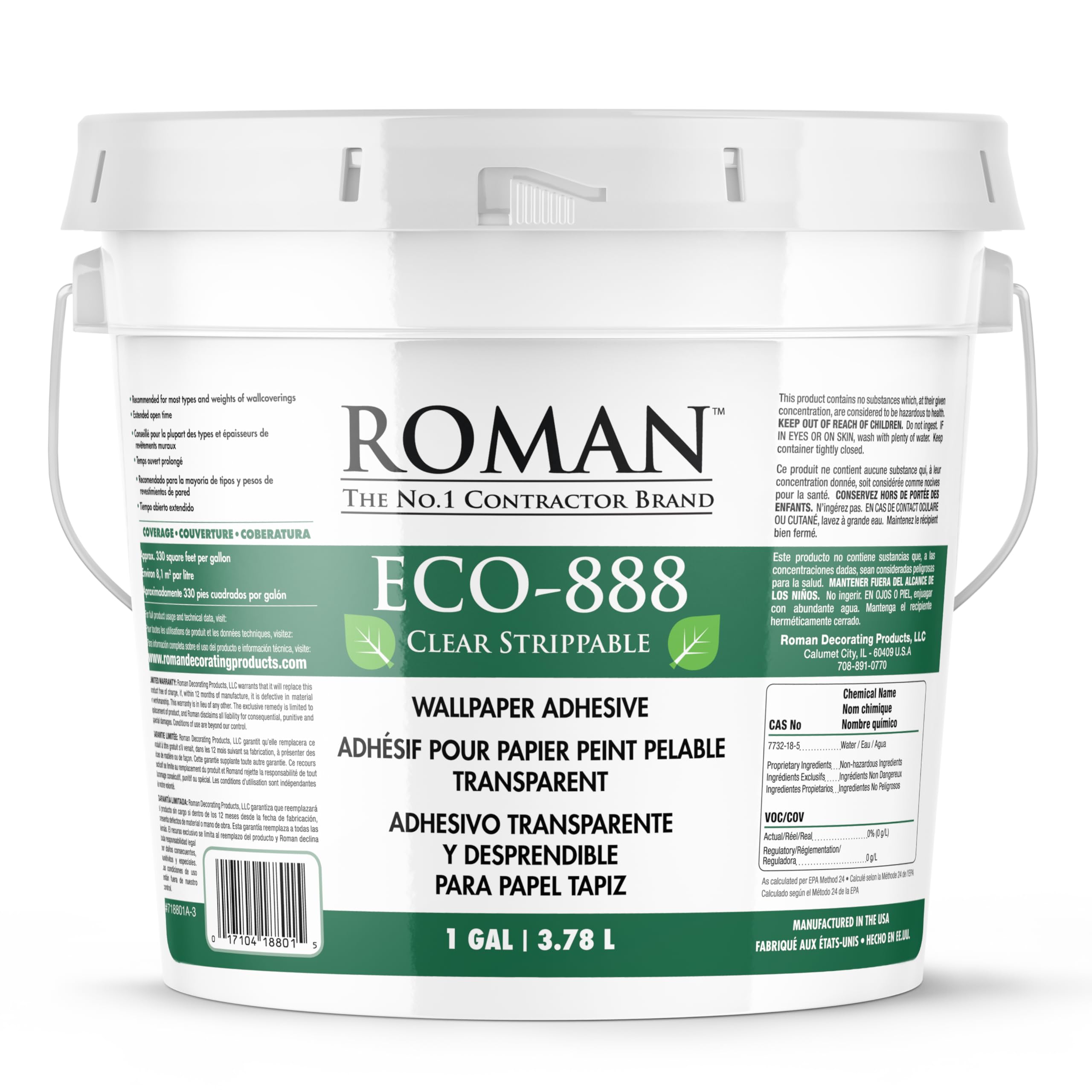 ROMAN’s ECO-888 Clear, Strippable, Wallpaper Adhesive, Easy Installation Glue/Paste, Clear, Zero VOC, Home Improvement (1 Gallon - 330 sq. ft.)