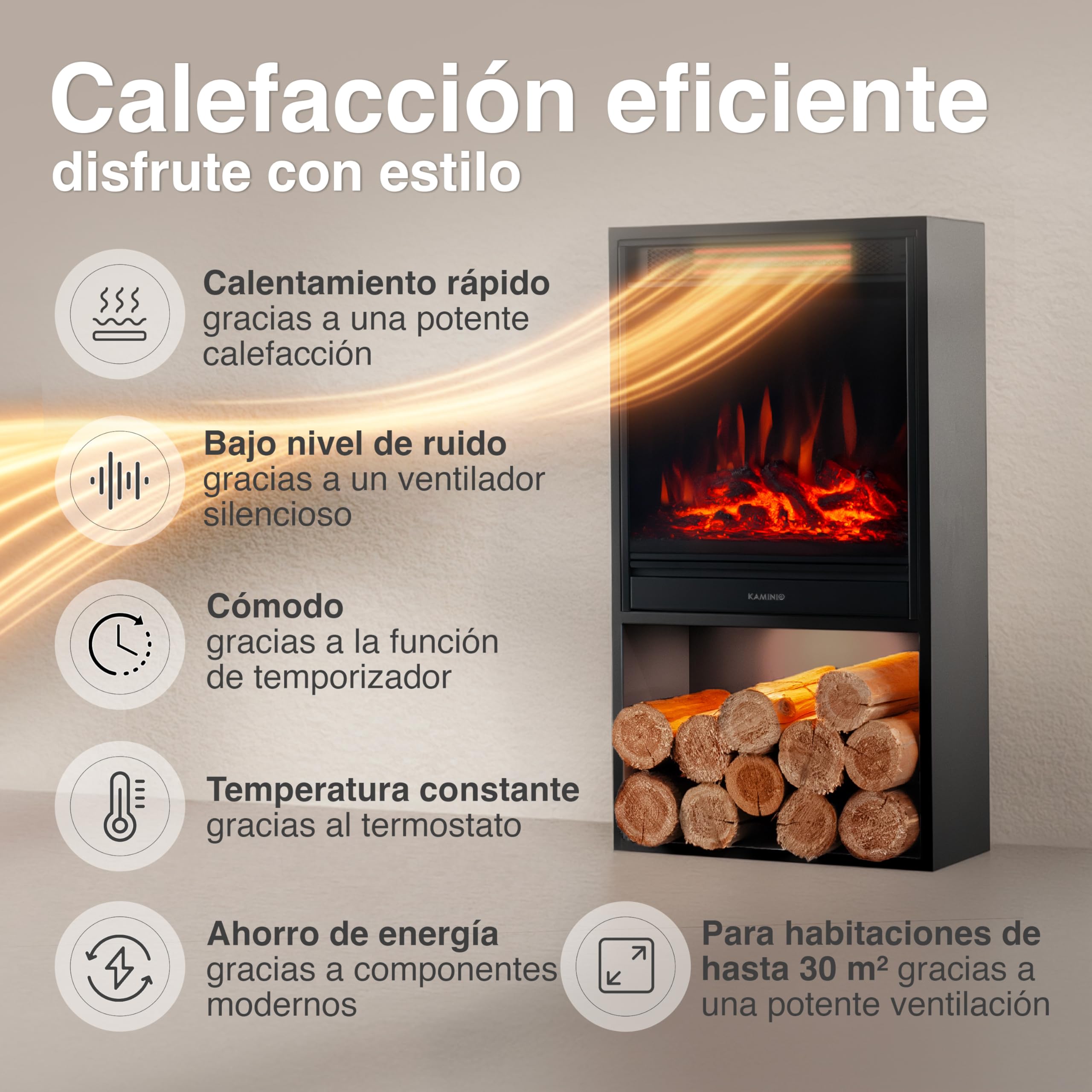 KAMINIO Chimenea eléctrica Hugo - Estufa de Chimenea con calefacción, Efecto Llama 3D, Luz Ambiental LED, Compartimento de Madera, Control Remoto (Negro)
