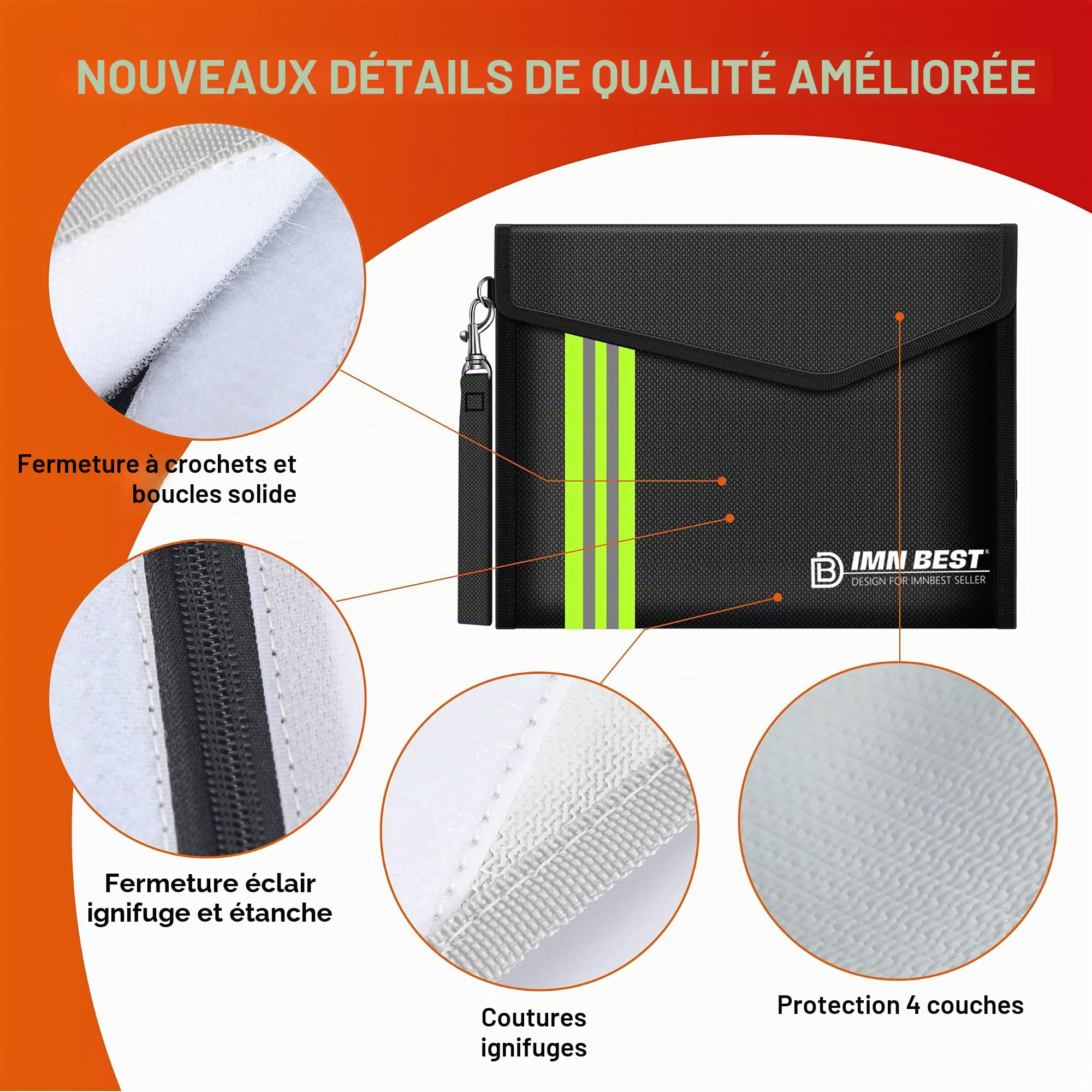 ImnBest 4 sacs ignifuges et étanches, portefeuille ignifuge pour documents A4, objets de valeur (fer 4S)