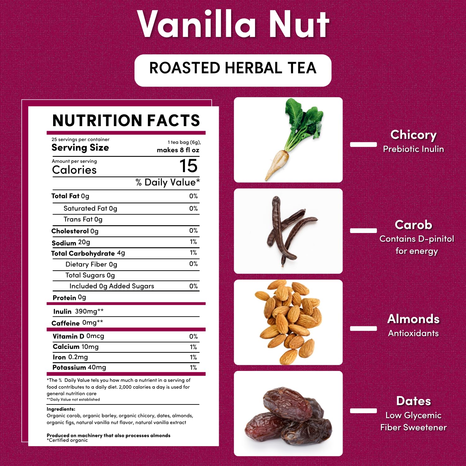 Teeccino Tisana alla Vaniglia - Tisana ricca e tostata senza caffeina e prebiotica per un'energia naturale, 25 bustine di tè