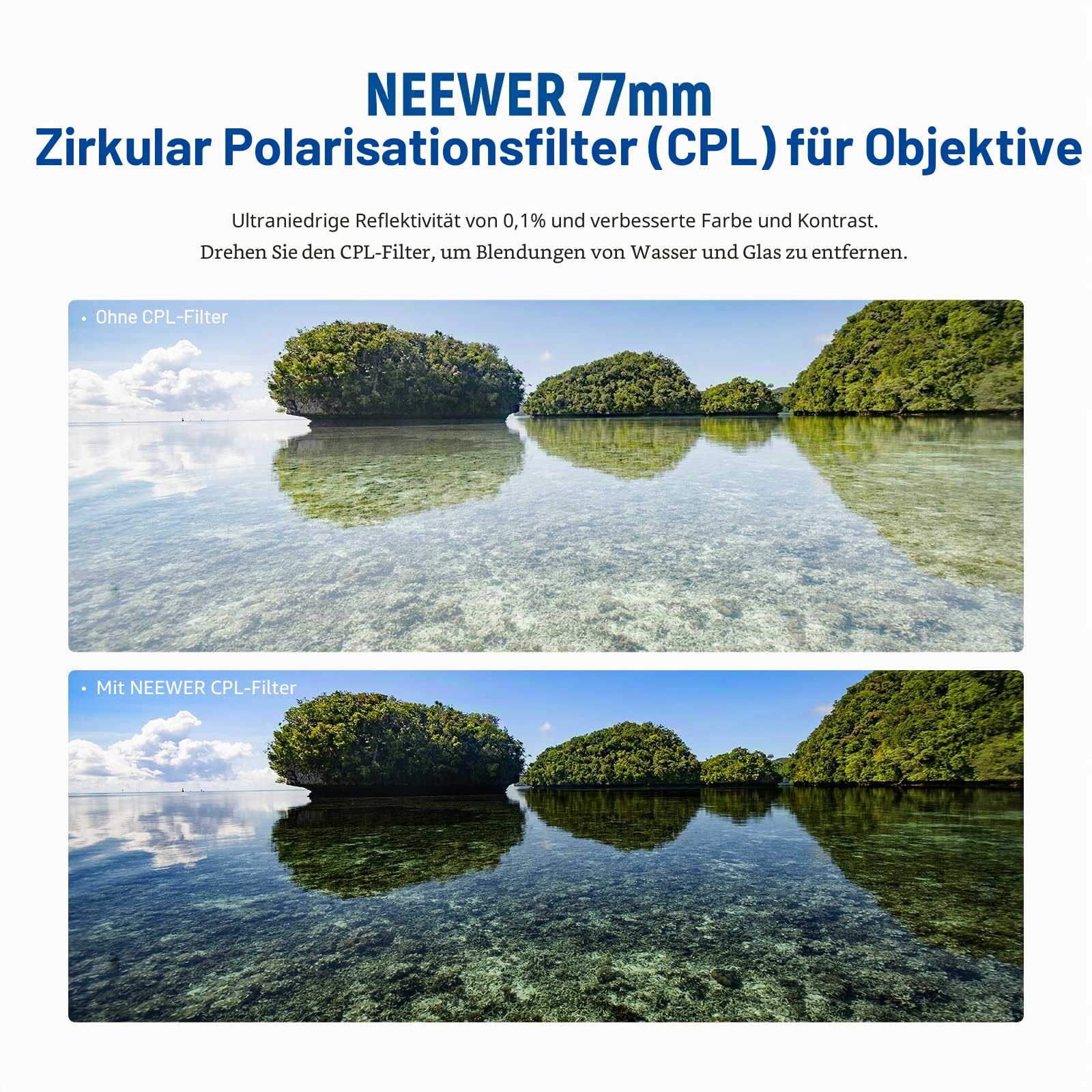NEEWER 77mm Polarisationsfilter(Polfilter),CPL Filter mit 30 lagiger Mehrschicht Polarisationsfolie,Blendung reduzieren/Kontrast verbessern/Ultra dünn/Reflexion reduziert/HD optisch Glas