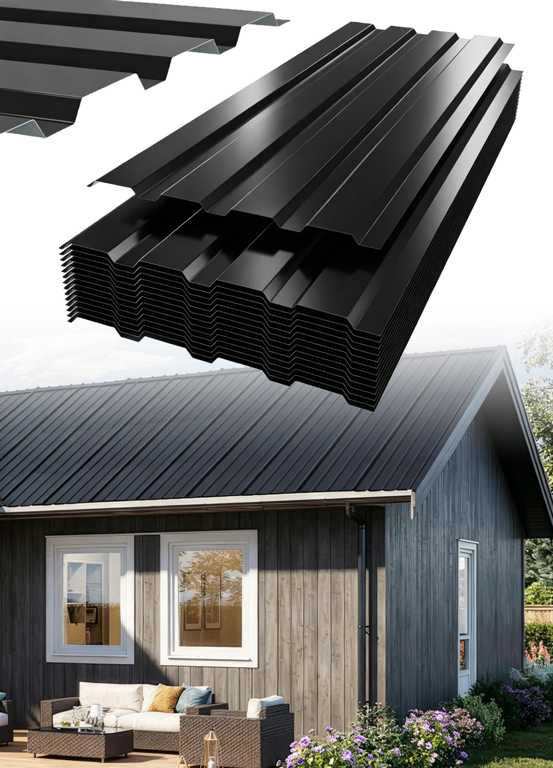 Trapezblech 12x Wellplatten Dach Profilblech 129cm x 45cm ca. 7 m², Wellblechplatten für Dach, Dachbleche Dachplatten Rostresistent Verzinkte Wellblech für Garage, carport (Schwarz)