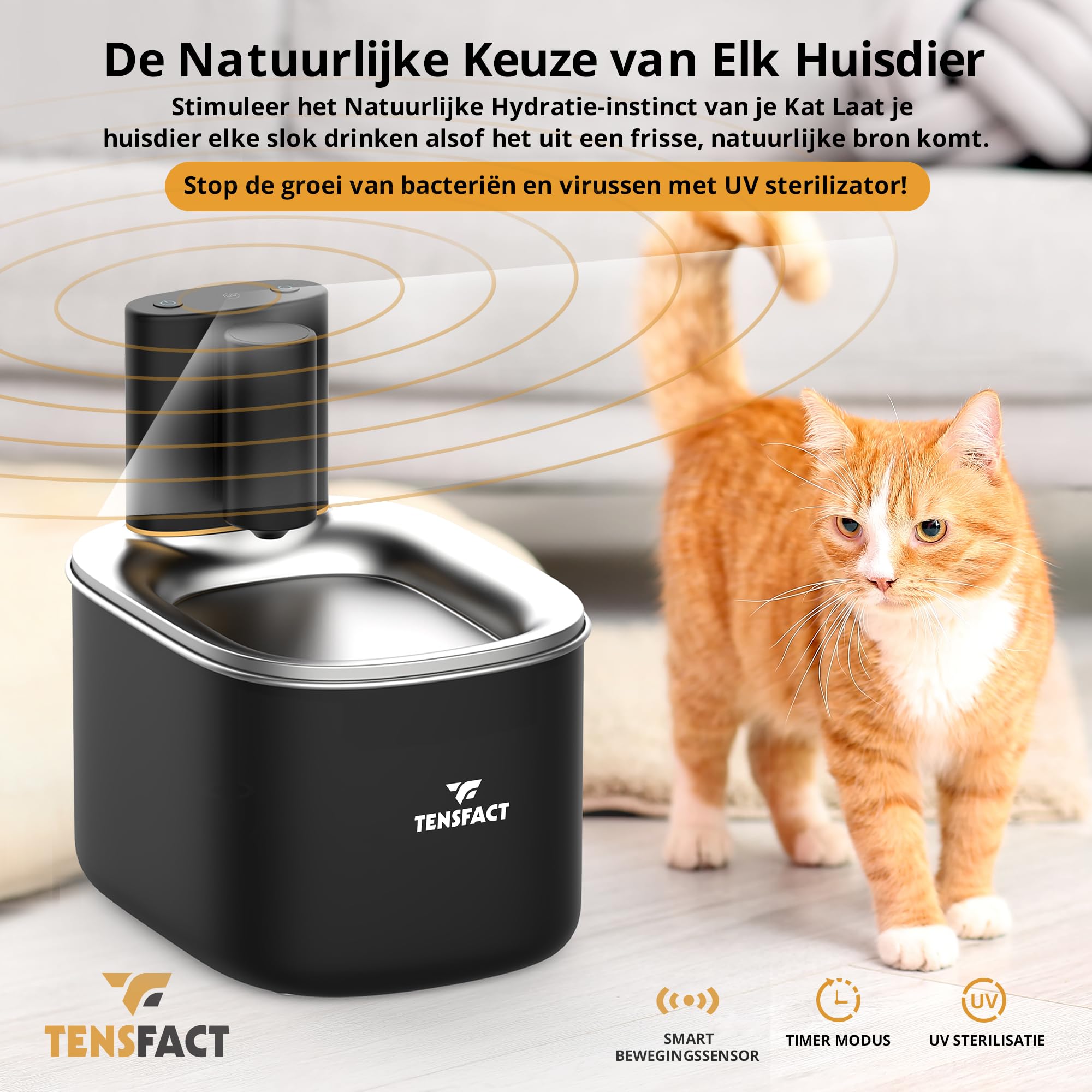 Fuente de bebida Gato o Perro - Fuente de agua inalámbrica de diseño premium Gato - Fuente de gato con sensor de movimiento y HEPA Ultra Filtración - Negro