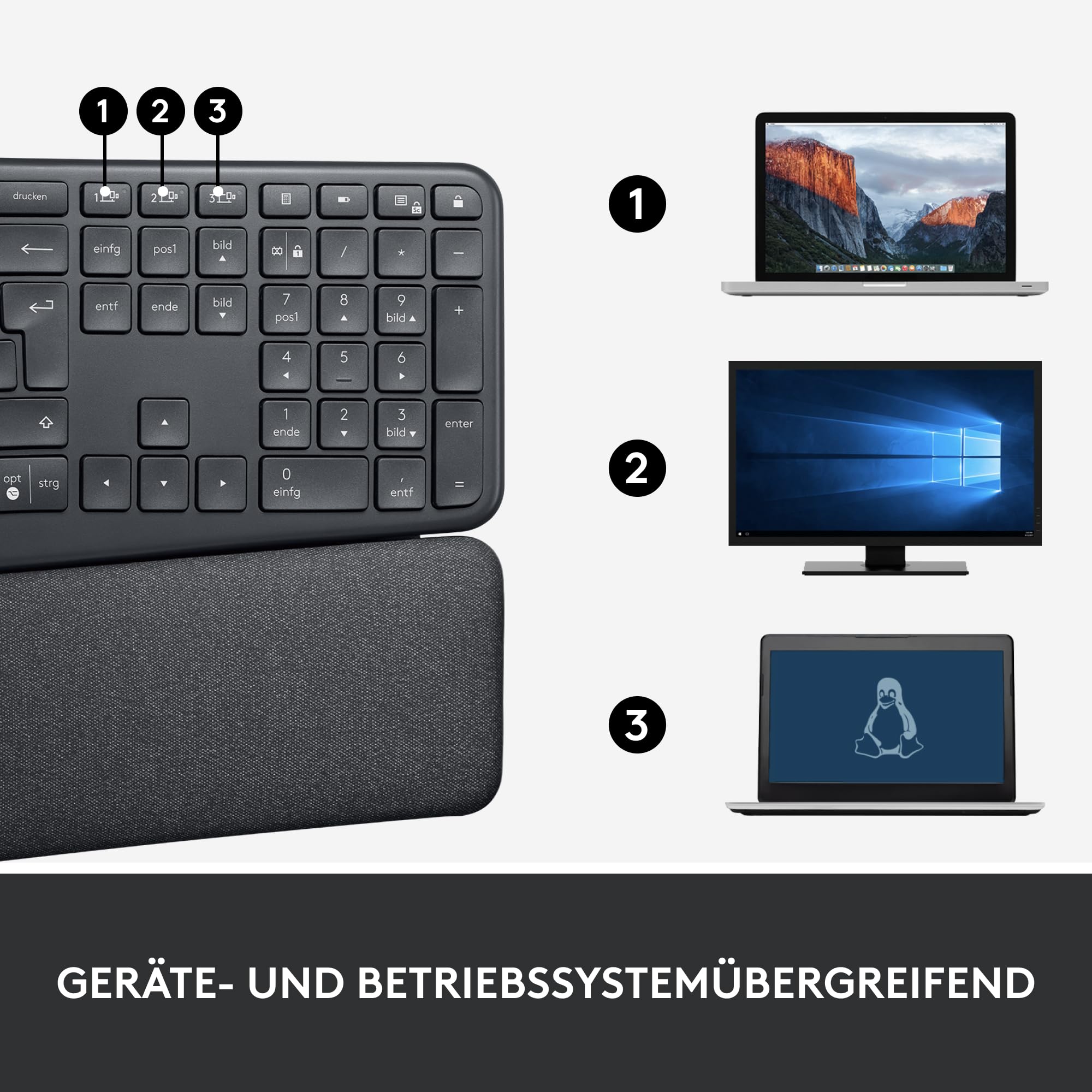 Logitech ERGO K860 kabellose ergonomische Tastatur – geteilte Tastatur, Handballenauflage, natürliches Tippen, schmutzabweisendes Material, Bluetooth und USB-Verbindung, für Windows/Mac - Graphit