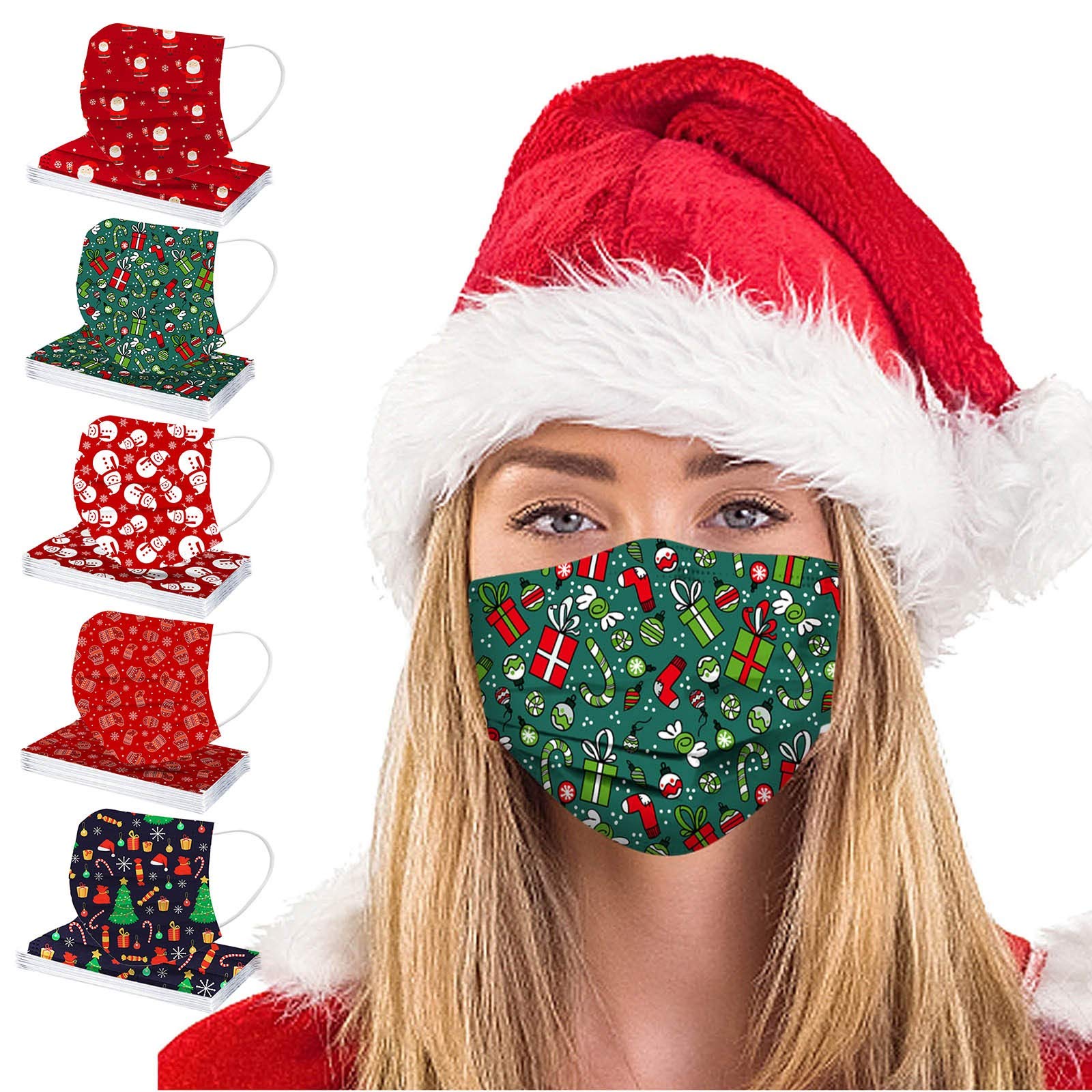 WAWEOOP Christmas Disposable Face Cover with Designs for Adults,3-Ply Printed Pattern with Nose Wire,50Pcs (Christmas 1)
