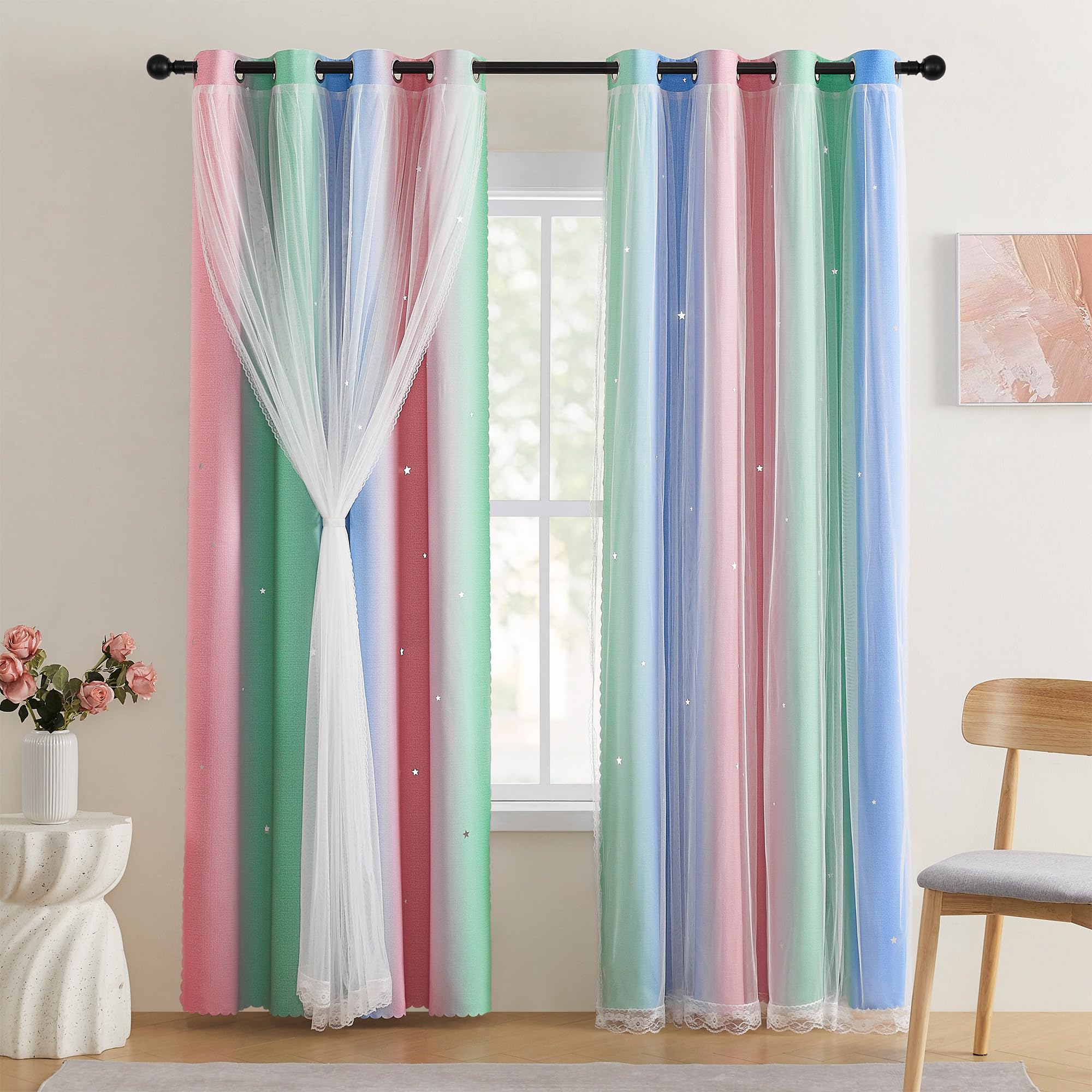 XiDi Girls Curtains for Bedroom 72 Inches Long 2 Panels Pink Green Blue Rainbow Blackout Curtains for Little Girl Kids Room Decor Living Room, Princess Unicorn Wall Decals Drapes 52x72
