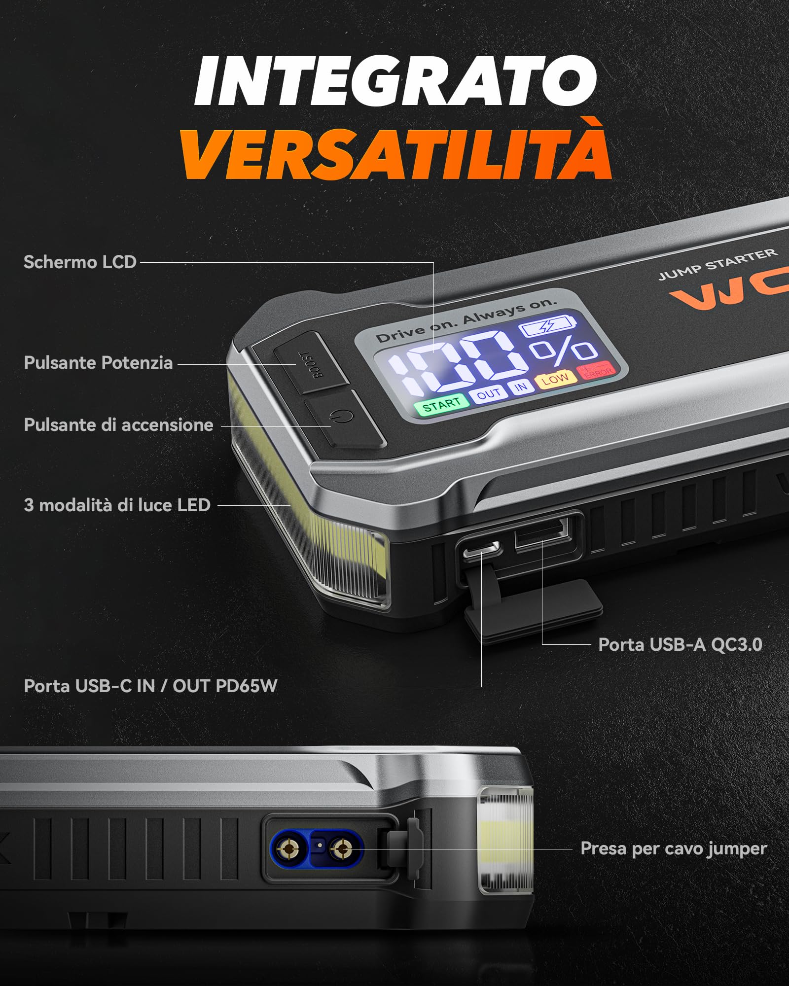WOLFBOX Booster Avviamento Auto, 4000A Avviatore Emergenza per auto/moto(10L Benzina o 10L Diesel), Starter Batteria auto Portatile con Booster Torcia a LED