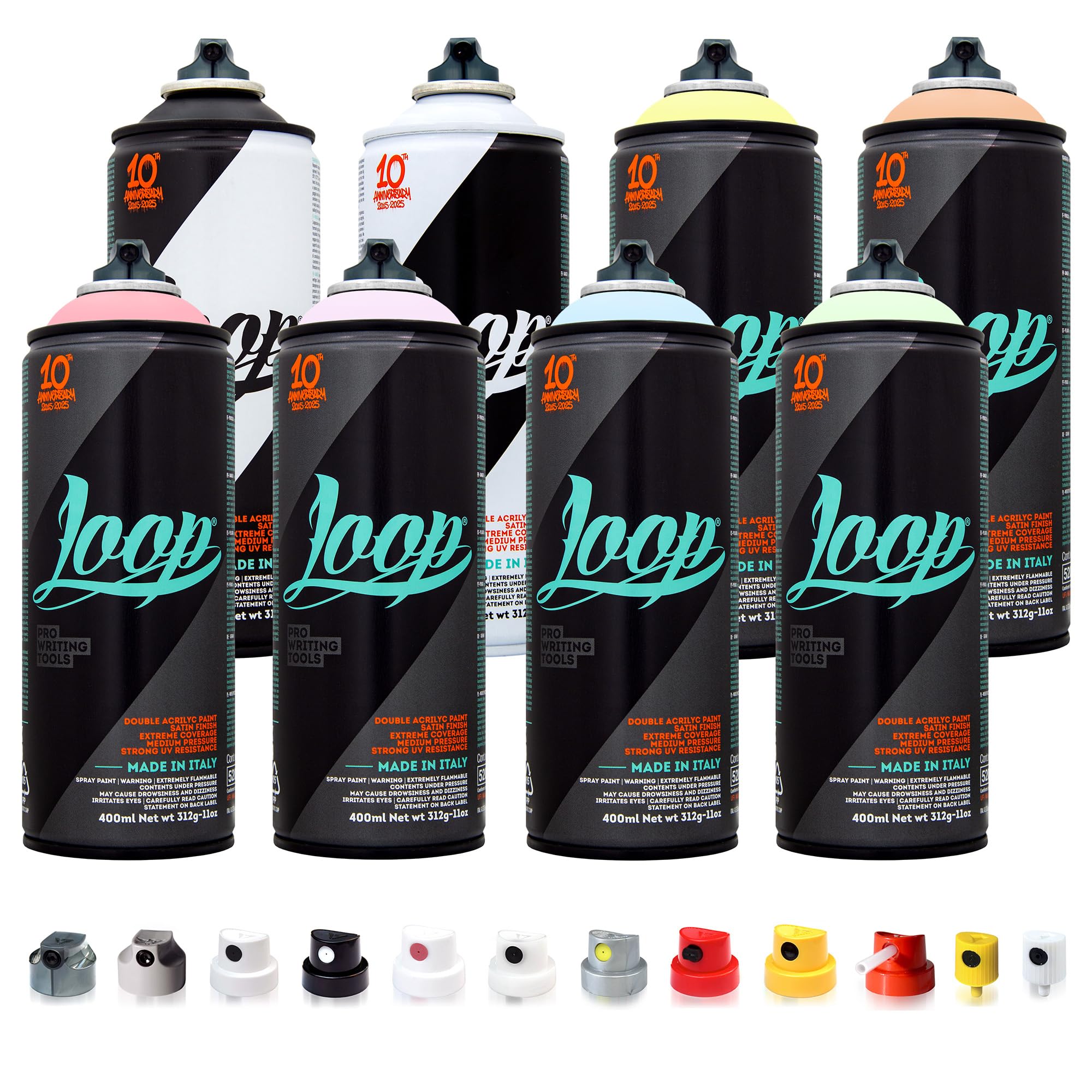 Betterrun LOOP Sprühdosen Pastell Set - 8 x 400ml Acryllack + 10x Sprühaufsätze