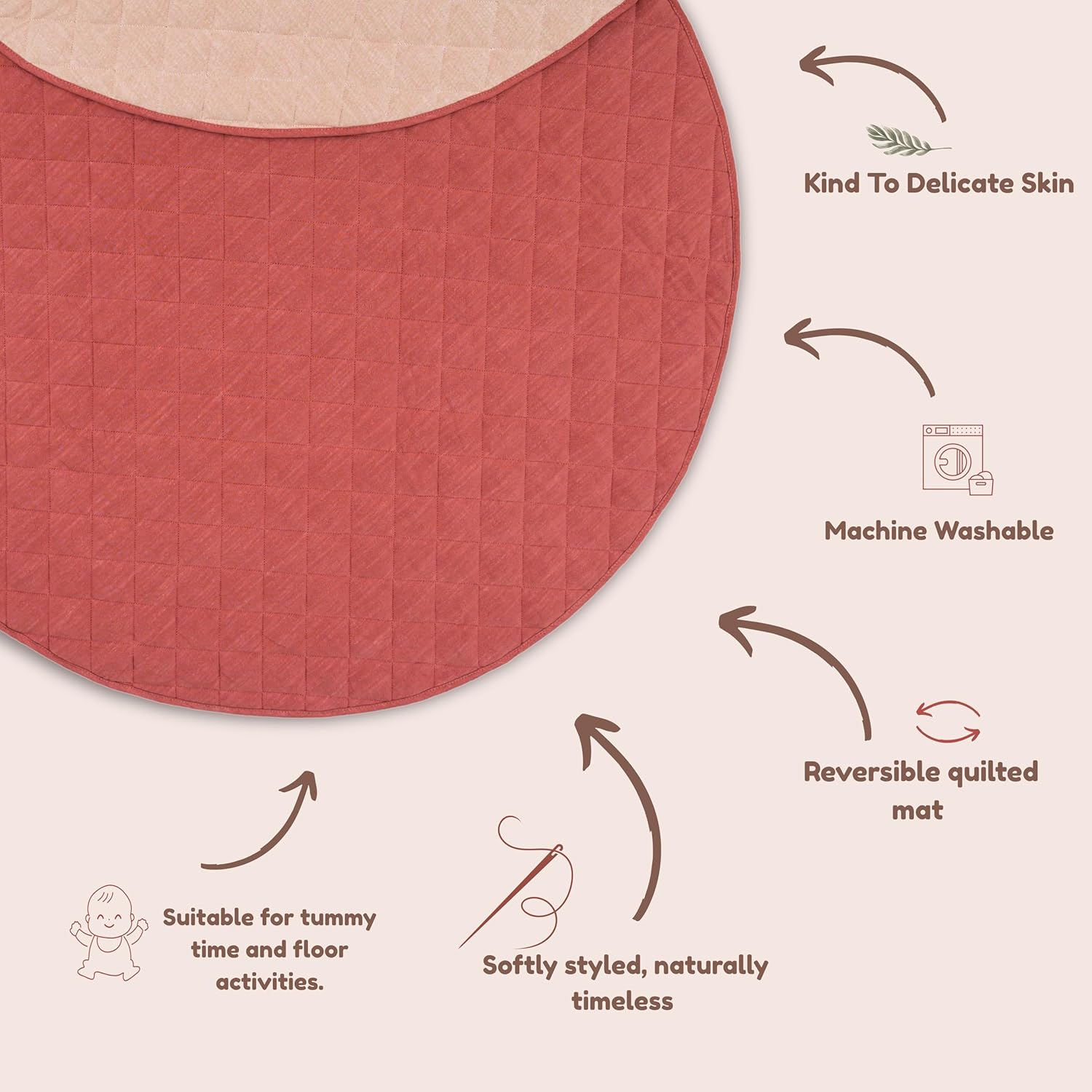 Reversible Quilted Linen Baby Playmat, 100% Linen Tummy Time Playmat with 100% Cotton Batting for Play & Nursery Décor, 48" Round, Desert Rose, Includes 100% Cotton Canvas Storage Bag