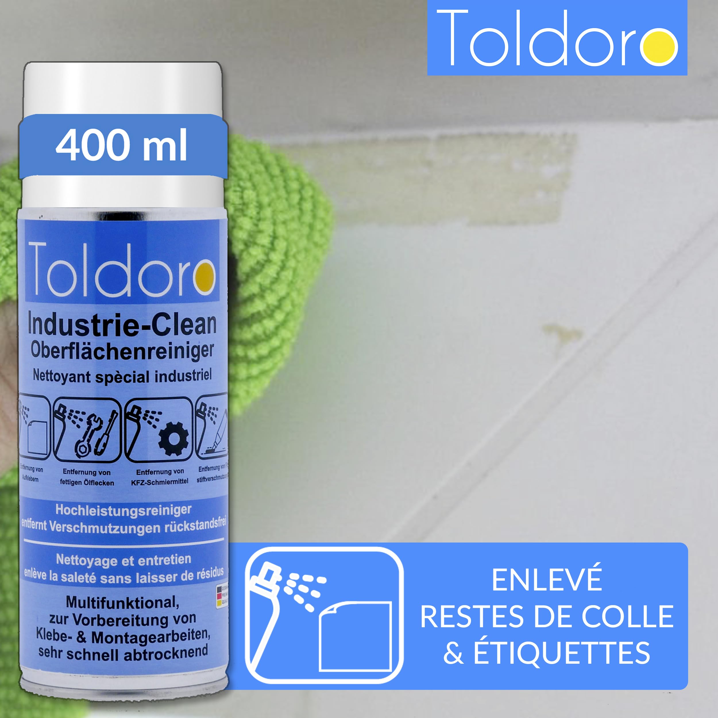 Toldoro Nettoyant industriel, dissolvant d'étiquettes, nettoyant pour machine, dissolvant de résidus de colle, dissolvant d'étiquettes, spray dégraissant (12 x 400 ml)