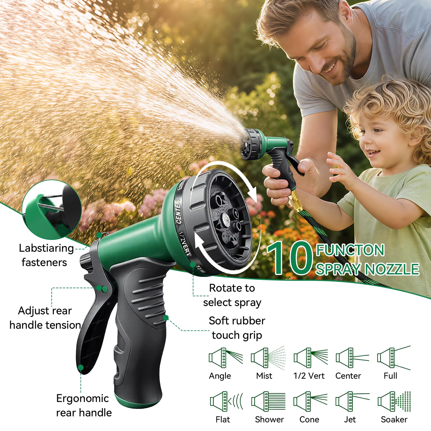 TATAANTY 15,2 m nicht dehnbarer Gartenschlauch mit 10-Funktions-Sprühdüse, leichter, knickfreier Wasserschlauch, 650 PSI Berstdruck, robuste auslaufsichere Armaturen (grün)