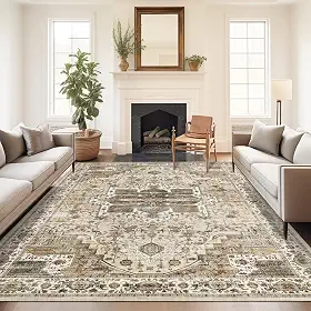 Tapete 5x7, resistente a manchas, lavável à máquina, tapetes com suporte antiderrapante, tapetes boho persas vintage para quarto, sala de estar, tapete grande macio de pelo baixo (bege/marrom, 1,52 m x 18,7 m)