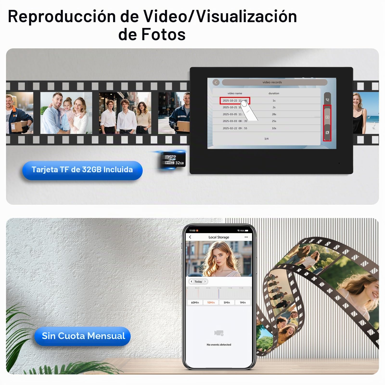 Sistema de Videoportero con Timbre WiFi de 2 Cables, Cámara HD 1080P con Pantalla Táctil Color de 7 Pulgadas, Visión Nocturna, Grabación, Tarjeta RFID/App Tuya Desbloqueo Remoto